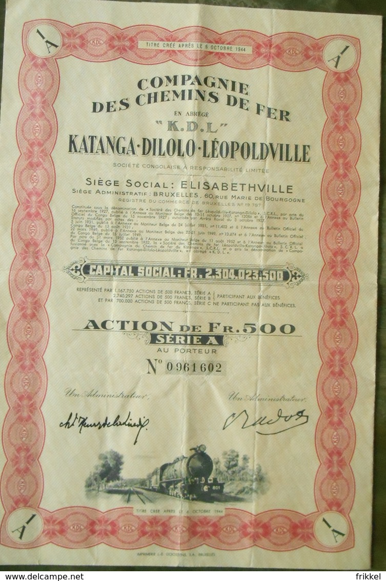 Compagnie Des Chemins De Fer Katanga Dilolo Leopoldville( Aandeel Obligation Action ) (2) - Chemin De Fer & Tramway