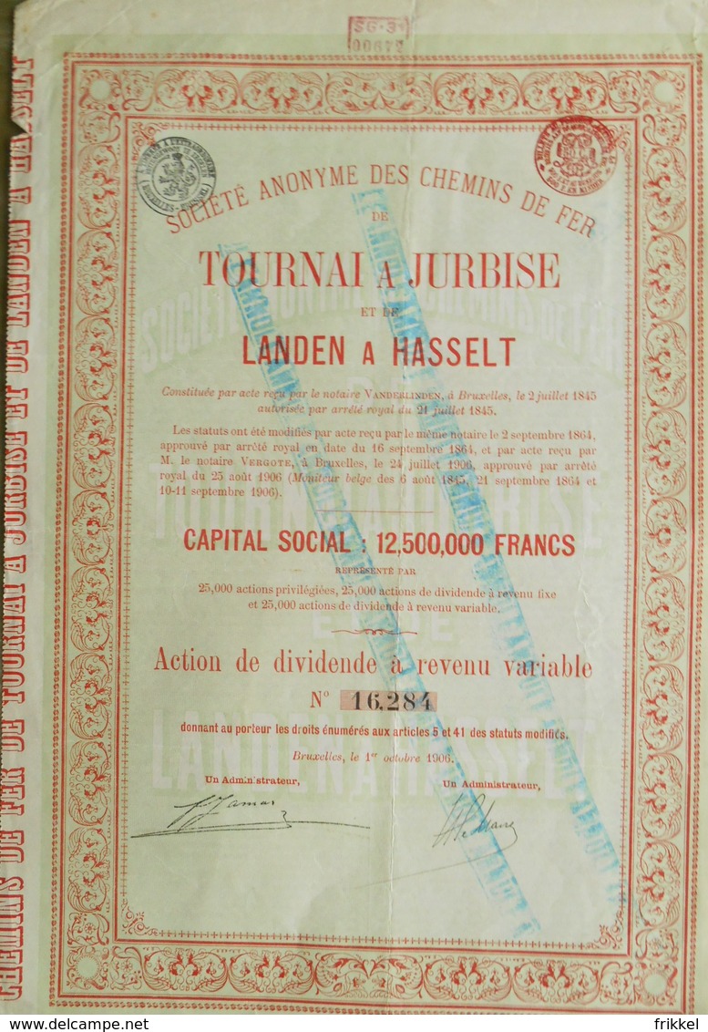 Société Anonyme Des Chemins De Fer Tournai à Jurbise Et De Landen à Hasselt 1906 ( Aandeel Obligation Action ) - Chemin De Fer & Tramway