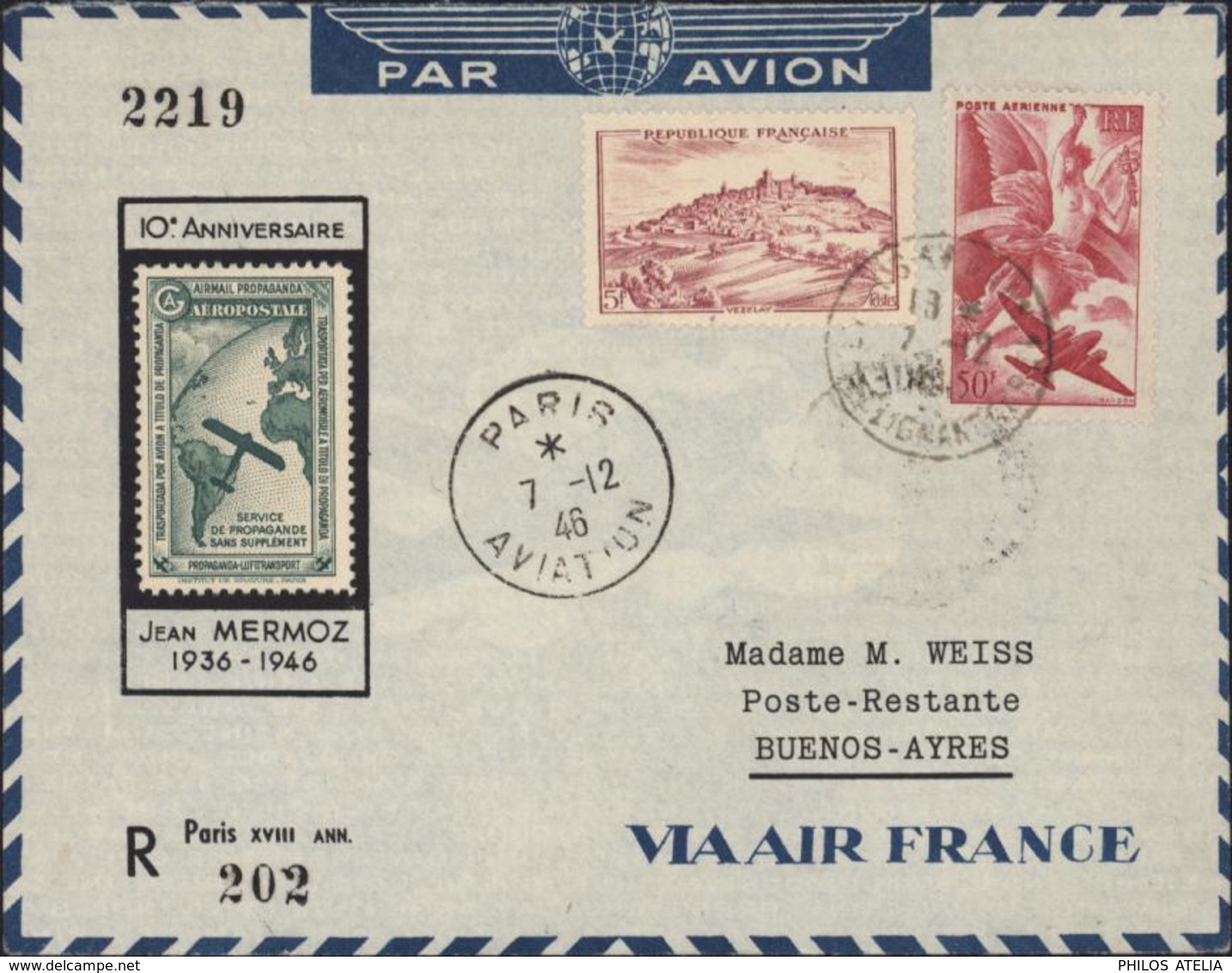 Avion Vignette Aéropostale 10e Anniversaire Jean Mermoz 1936 1946 YT 759 + Ae 17 CAD Paris Aviation 7 12 46 Recommandé - 1960-.... Cartas & Documentos