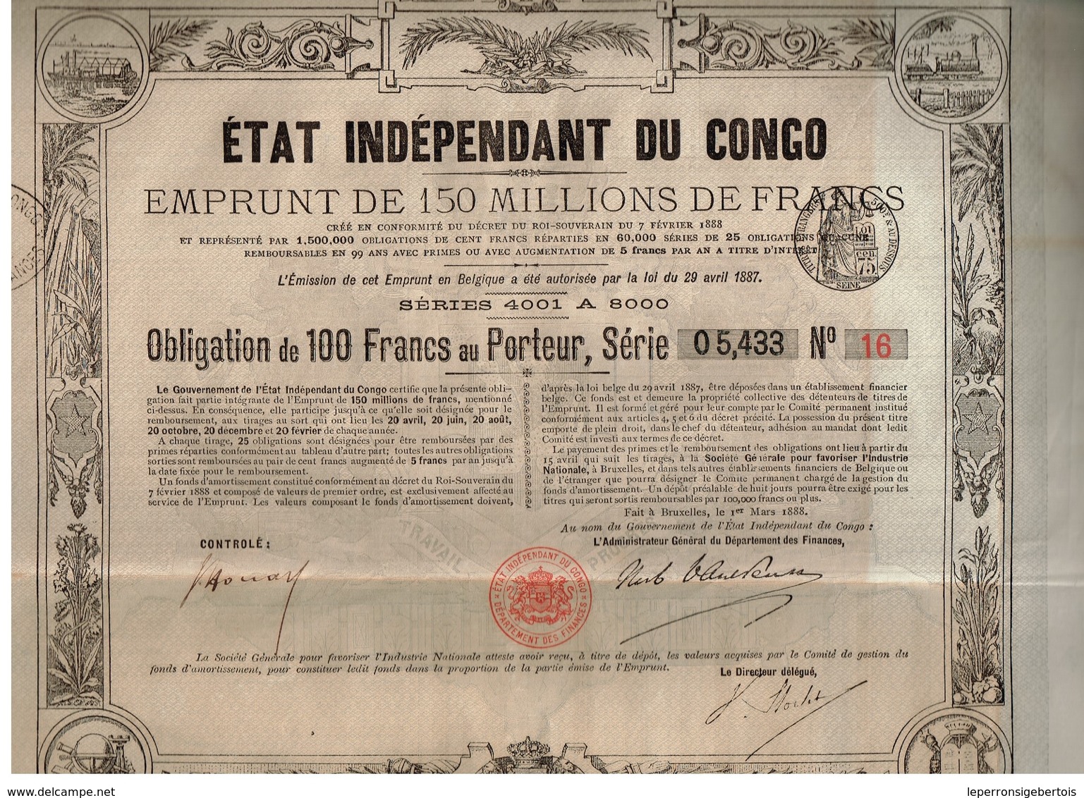 Titre Ancien - Etat Indépendant Du Congo - Emprunt De 150000000 De Francs - Obligation De 100 Francs - Titre De 1888 - - Afrique