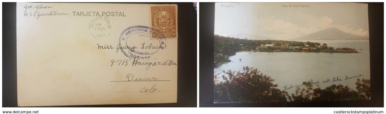 O) 1907 NICARAGUA, COAT OF ARMS 10c, POSTAL CARD AMAPALA - LANDSCAPE, FROM CORINTO TO USA - Nicaragua