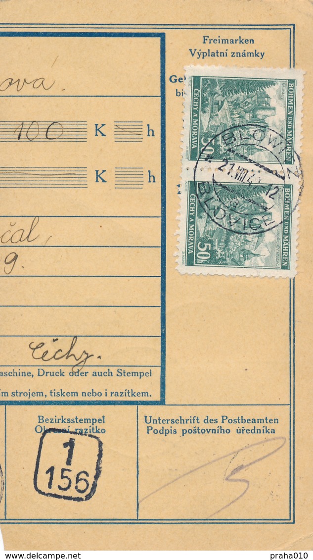 BuM (IMG2052) - Böhmen Und Mähren (1940) Blowitz - Blovice / Misliw - Mysliv (Postal Money Dispach) Tariff: 1,00 K - Briefe U. Dokumente