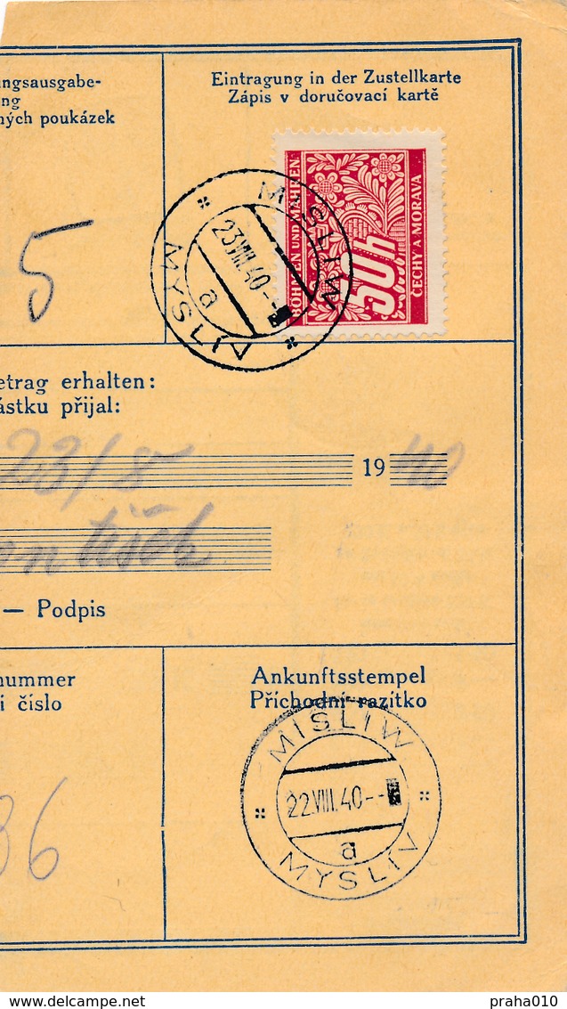 BuM (IMG2052) - Böhmen Und Mähren (1940) Blowitz - Blovice / Misliw - Mysliv (Postal Money Dispach) Tariff: 1,00 K - Briefe U. Dokumente