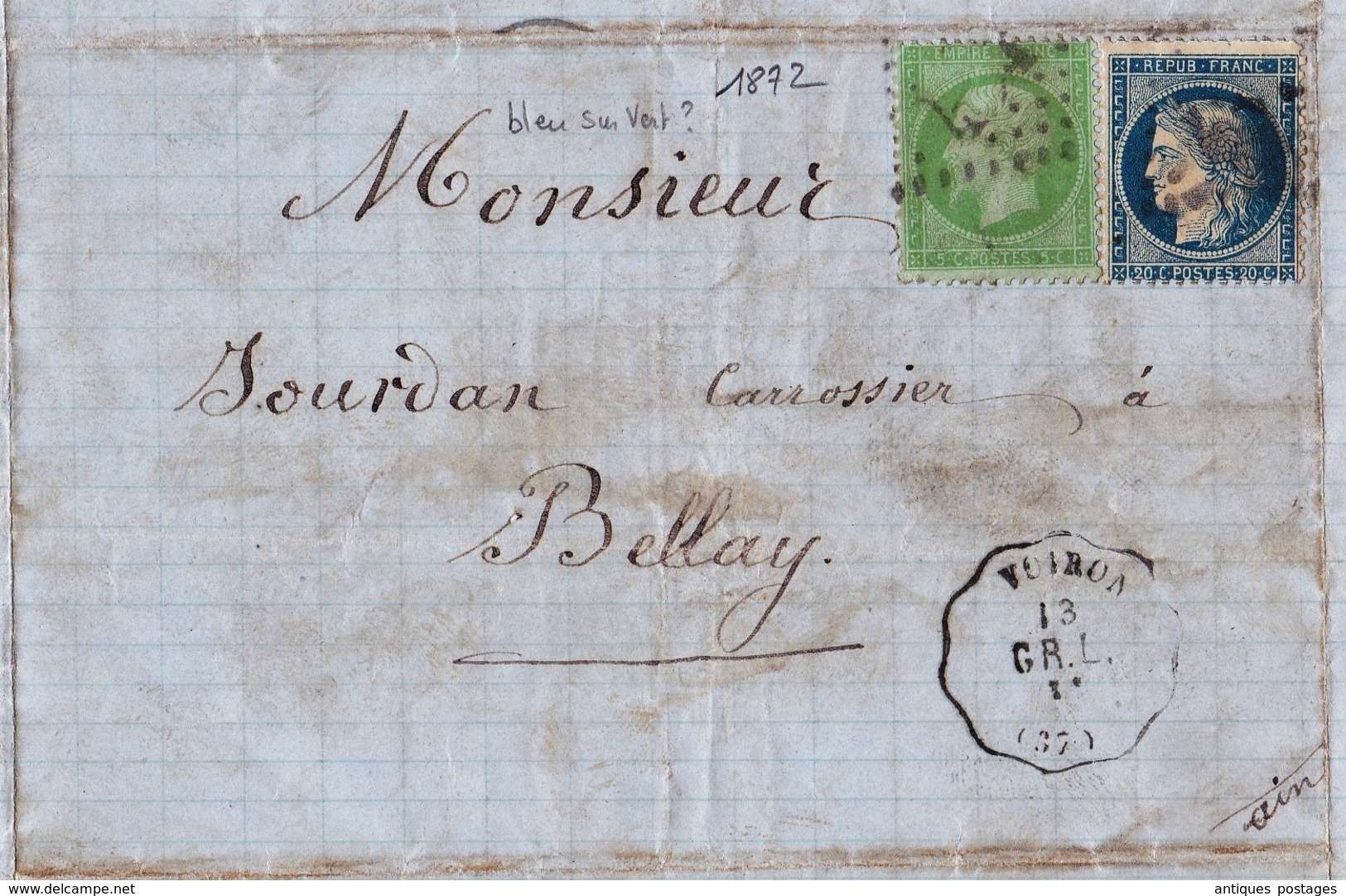 Lettre 1872 Voiron Isère Belley Ain André Cottavo Timbre Napoléon III 5 Centimes + Cérès 20 Centimes - 1871-1875 Cérès