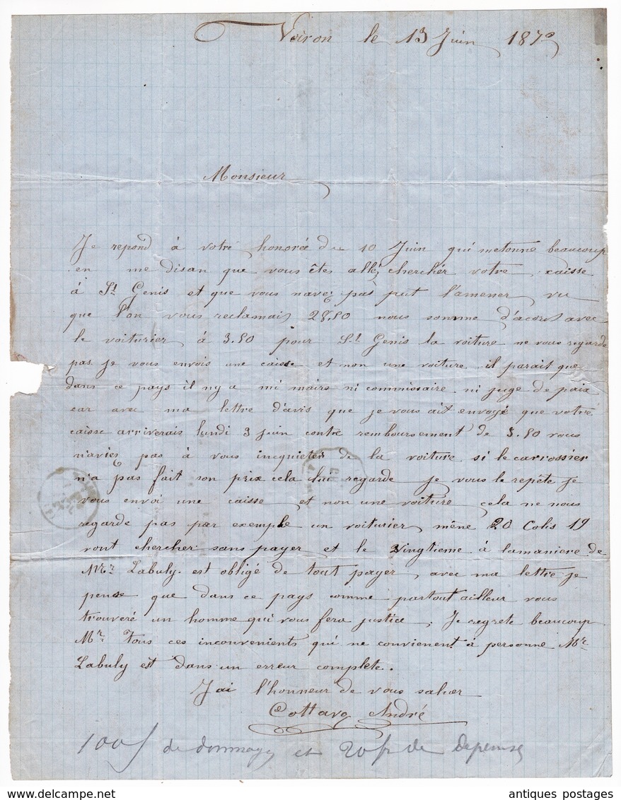 Lettre 1872 Voiron Isère Belley Ain André Cottavo Timbre Napoléon III 5 Centimes + Cérès 20 Centimes