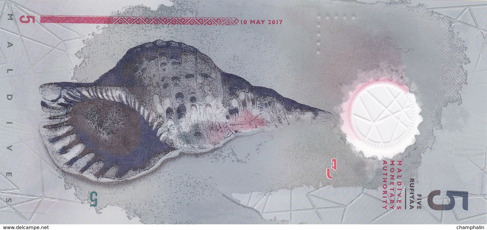 Maldives - Billet De 5 Rufiyaa - 10 Mai 2017 - Neuf - Polymère - Coquillage + Footballeur - Maldiven