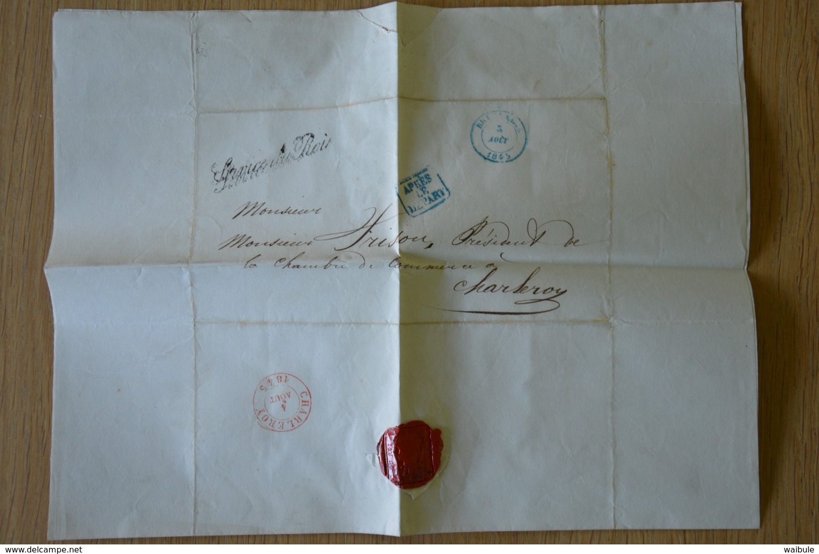 Lettre Cachet Griffe Service Du Roi 1845 Président Chambre Commerce Charleroi Audience - Bills Of Exchange