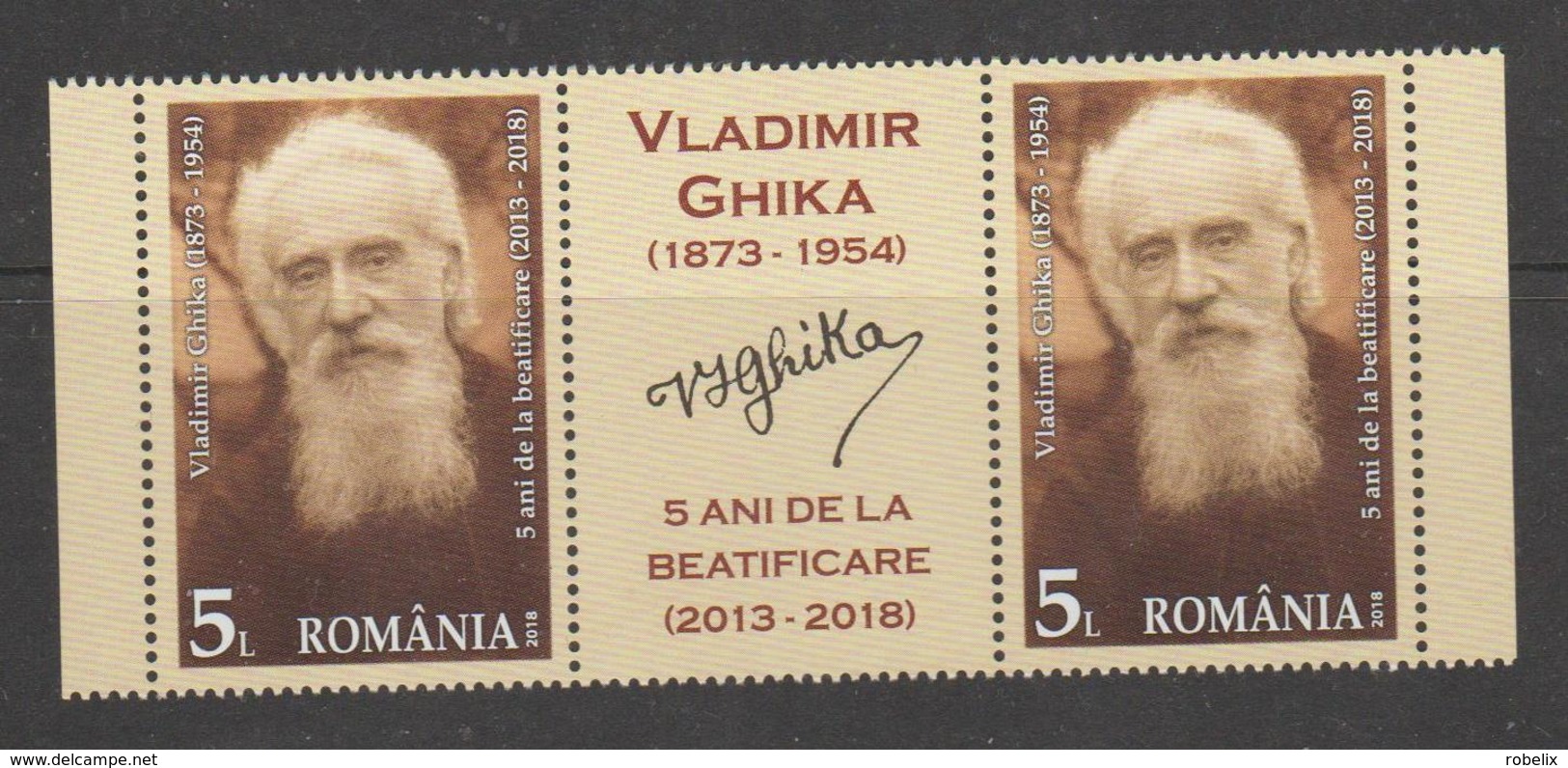 ROMANIA - 2018 -  VLADIMIR GHIKA - 5 Years From Beatification - Religion-  Strip  2 Stamps + Label, - Neufs