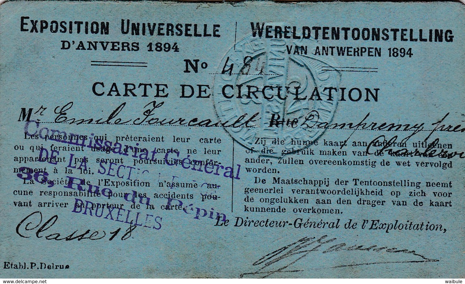 CDV Anvers Exposition Universelle 1894 De E Fourcault Charleroi Dampremy Commissaire Général - Other & Unclassified