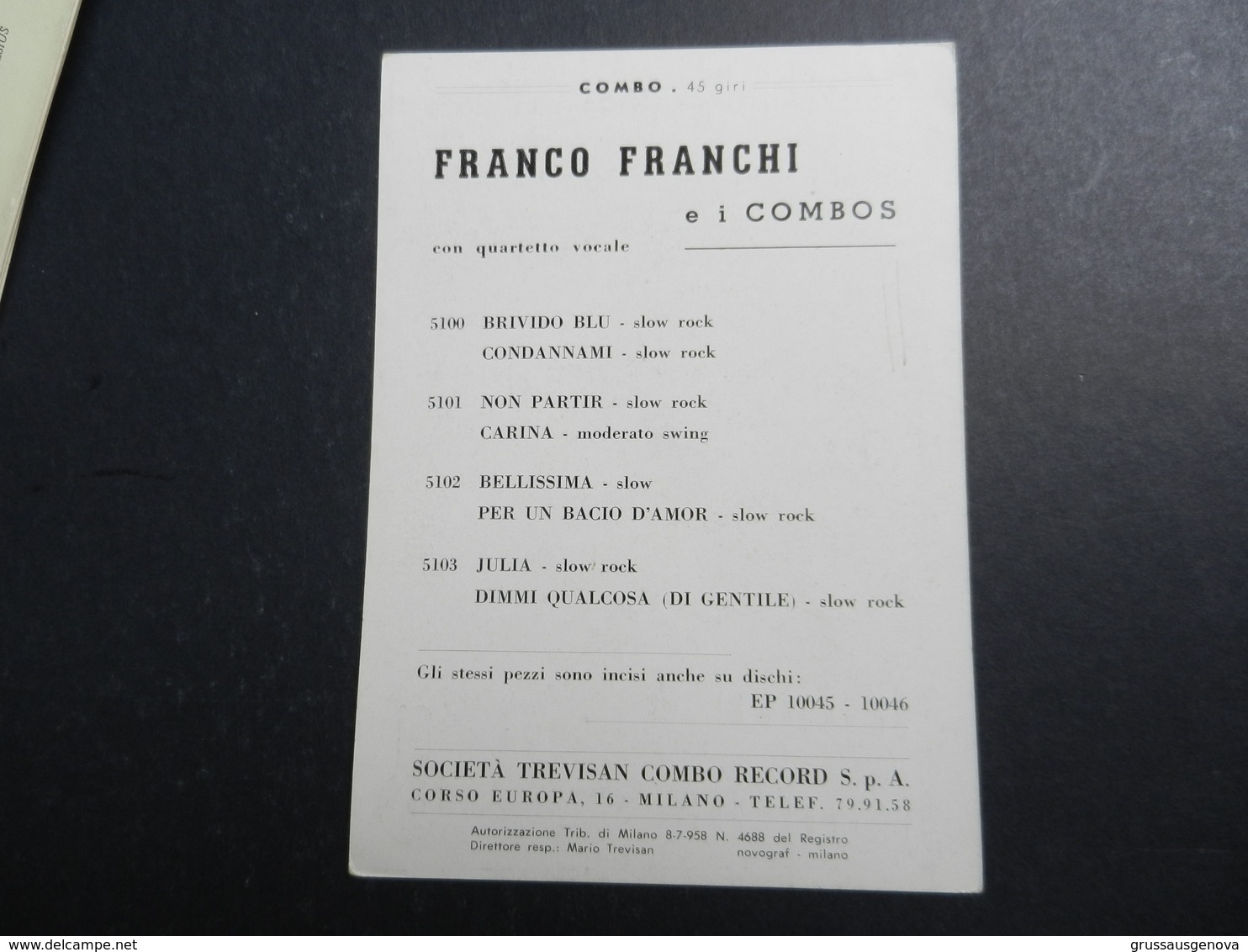 19944bis) FRANCO FRANCHI E I COMBOS COMBO CARTONCINO PROMOZIONALE CON ELENCO DEI DISCHI CON AUTOGRAFO A STAMPA - Musica E Musicisti