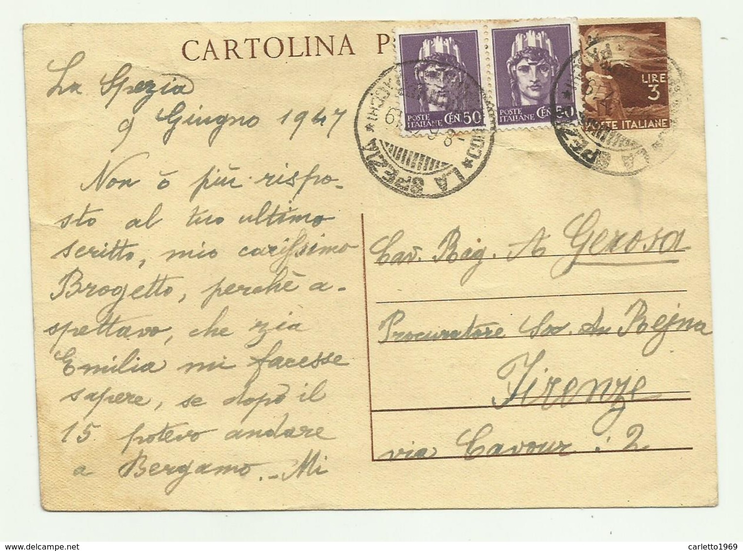 CARTOLINA POSTALE 2 FRANCOBOLLI  CENT. 50 + LIRE 3 - LA SPEZIA - FIRENZE - Storia Postale