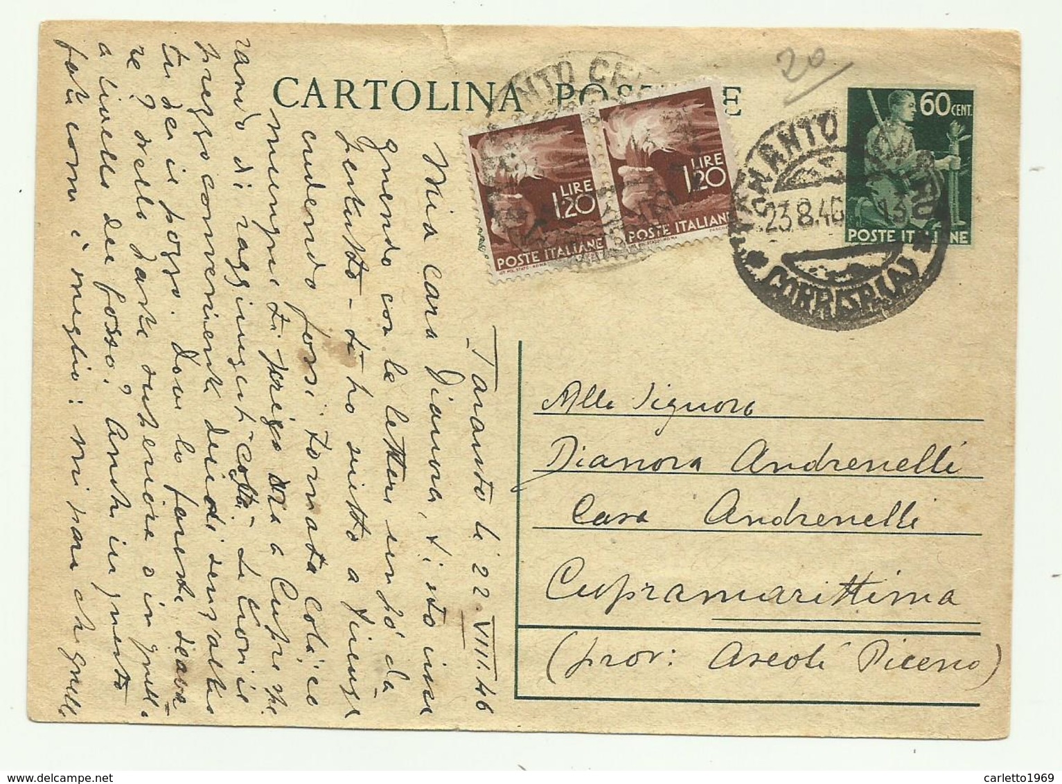 CARTOLINA POSTALE INTERO POSTALE DA 60 CENT. + 2 DA LIRE 120 - FIRENZE - Marcophilie