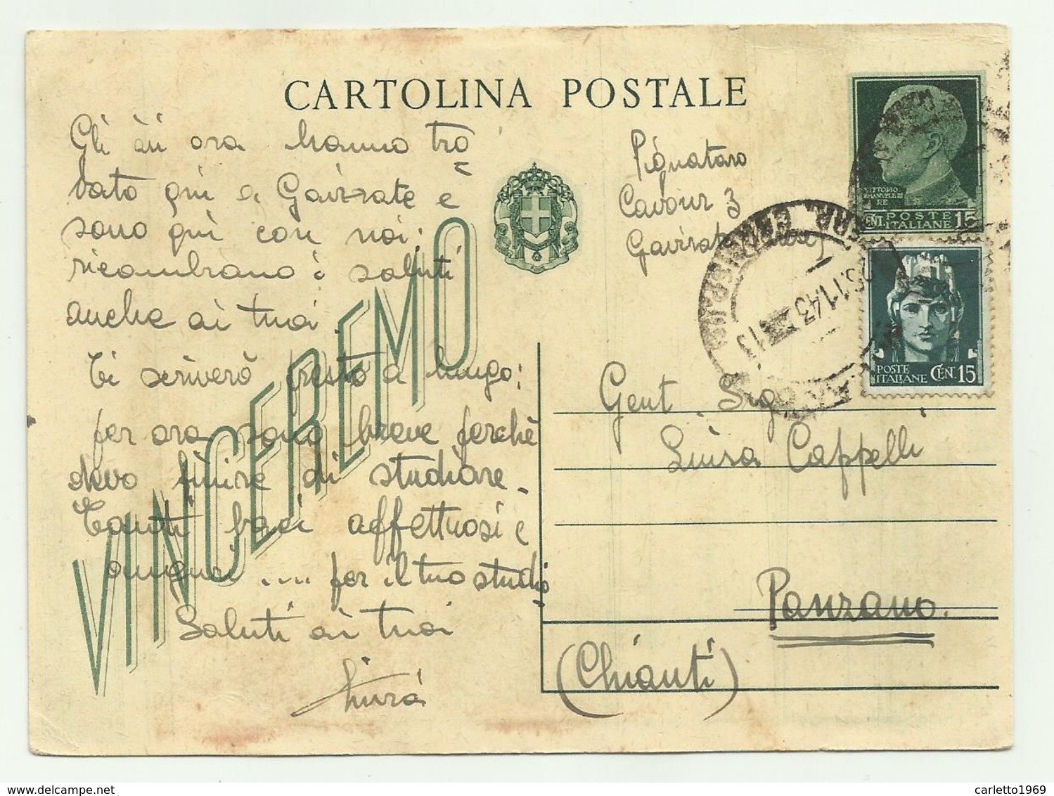 CARTOLINA  CON INTERO POSTALE DA CENT. 15 + AGGIUNTO CENT. 15 LUOGOTENENZA - Marcophilie