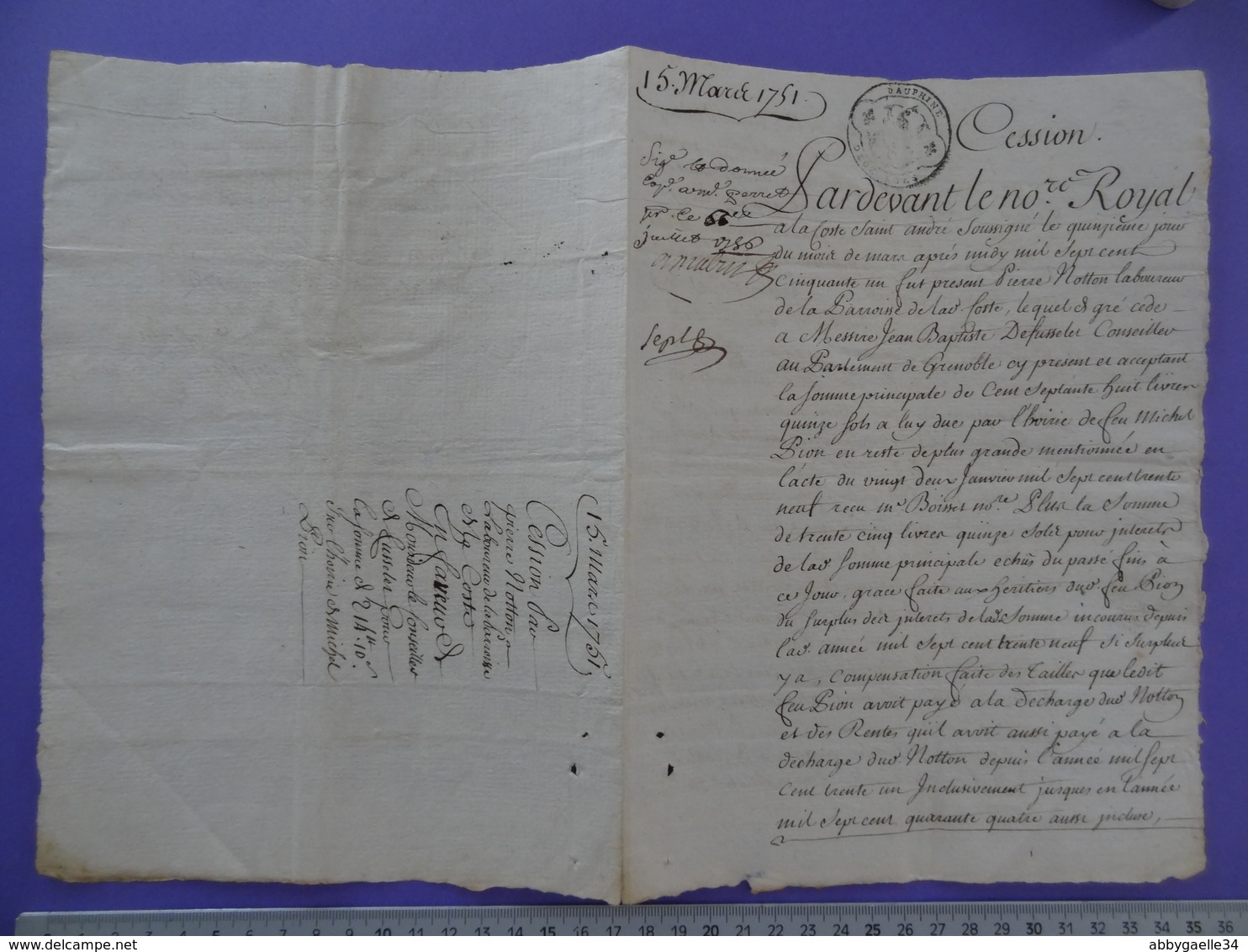 1751 Dauphiné (Isère) Papier Timbré N°208 De Deux Sols Cession Commune De La Cote Saint-André - Seals Of Generality
