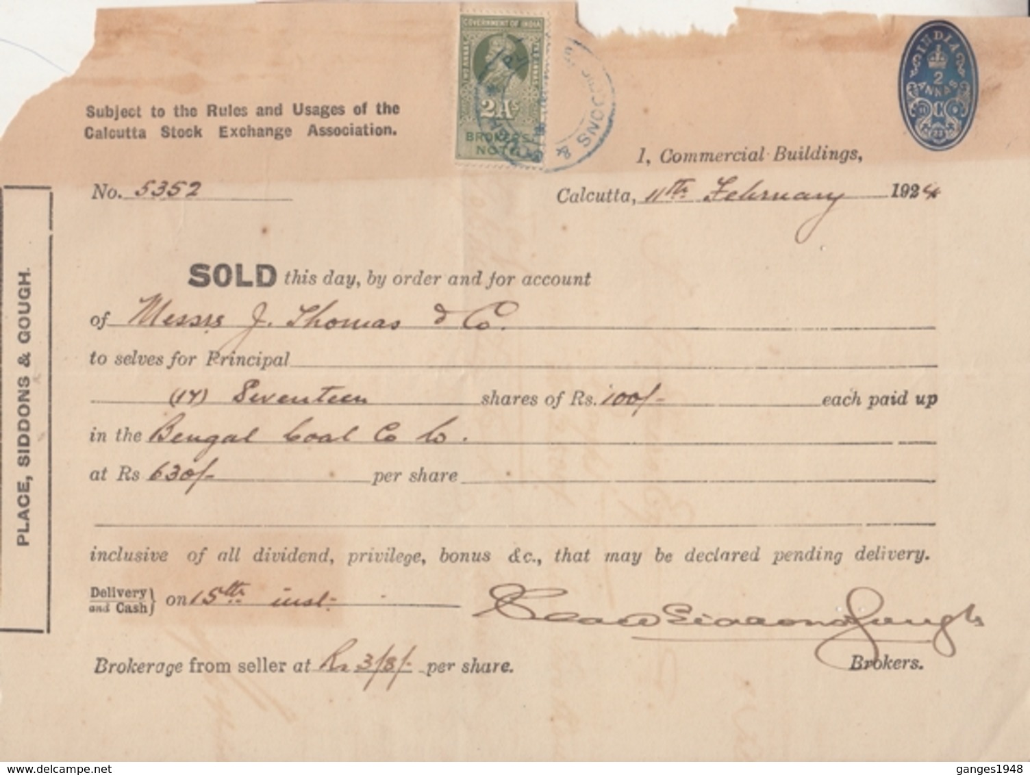 India 1924 KGV  2A  Brokers Note  Revenue # 19620   FD Inde India Indien - Other & Unclassified