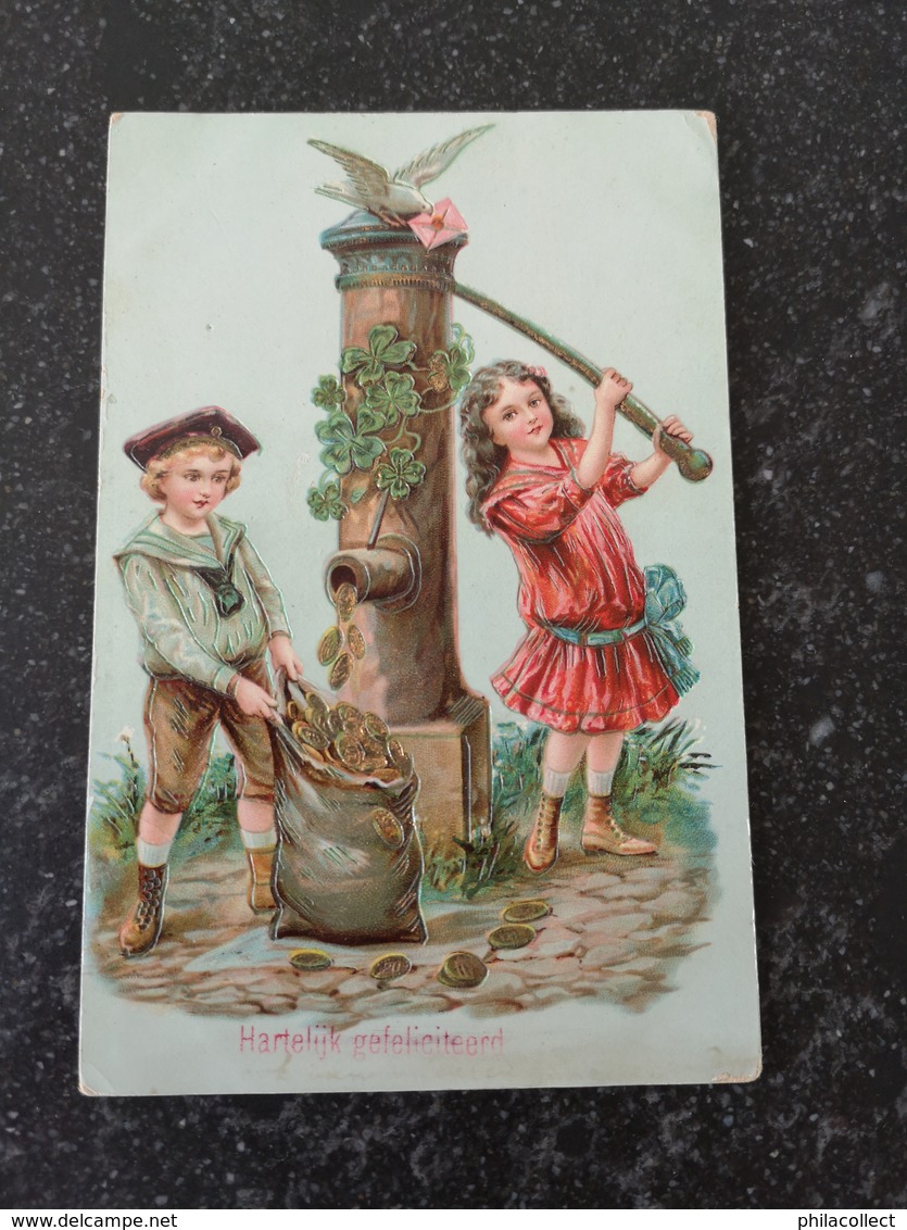 Gefeliciteerd For NL 1915 CHILDREN AT WATERPUMP With Lucky Clover - Andere & Zonder Classificatie