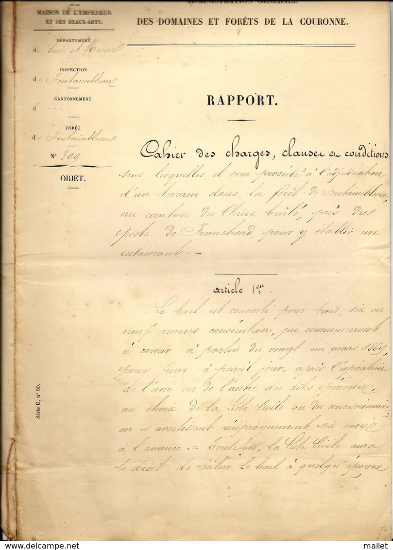 Rapport Adjudication Terrain Pour Restaurant De Franchard (Fontainebleau) - Document 6 Pages - 15/02/1869 - Documents Historiques