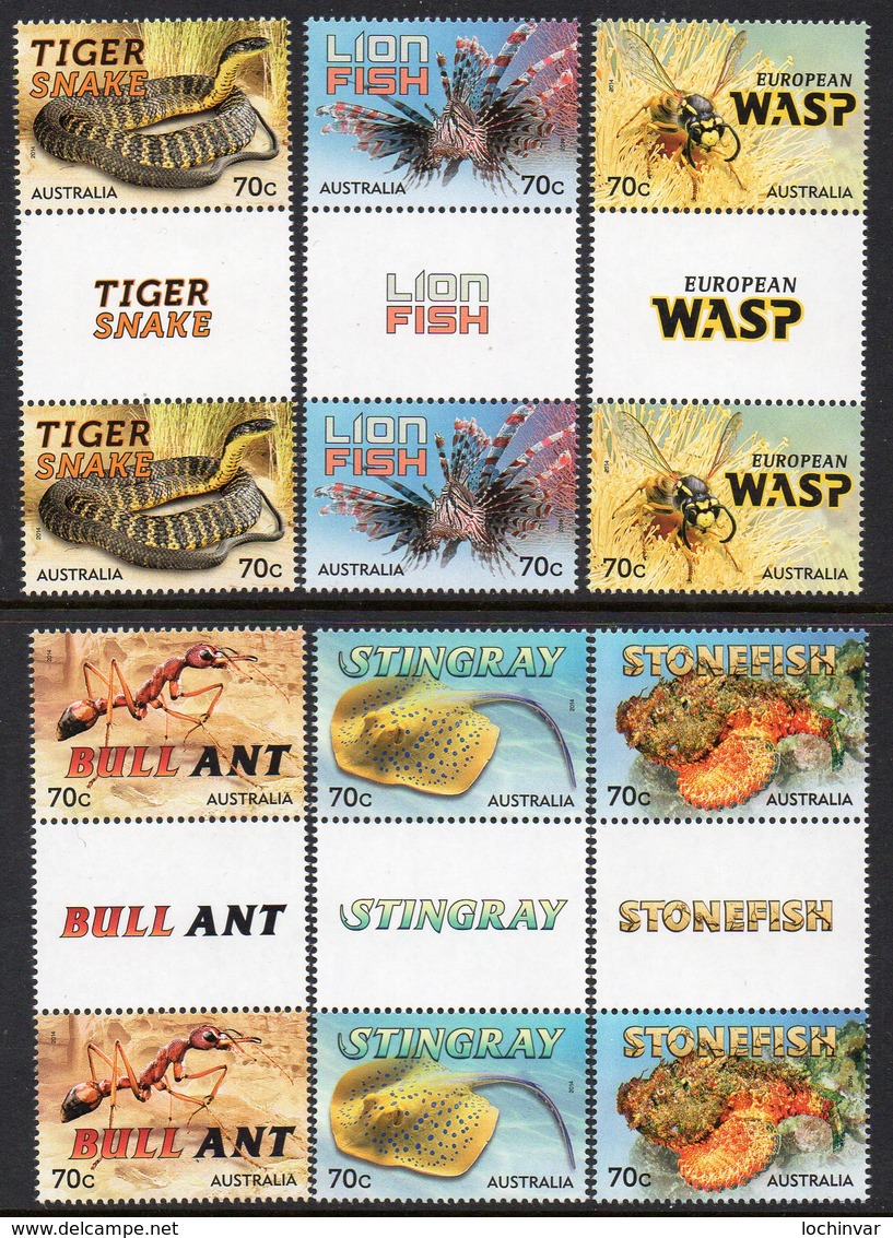 AUSTRALIA, 2014 THINGS THAT STING GUTTER PAIRS 6 MNH - Mint Stamps