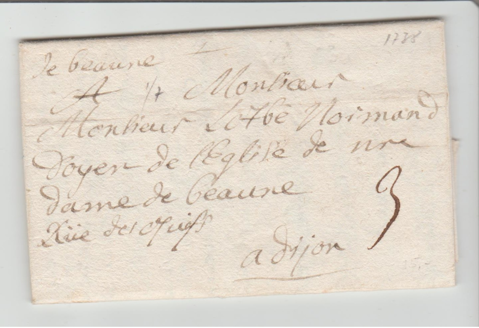 Cte D'Or: "de Beaune" Manuscrit / LAC De 1738 + Filigrane  + TM 3 > Dijon,Bonne Date, TB - 1701-1800: Précurseurs XVIII