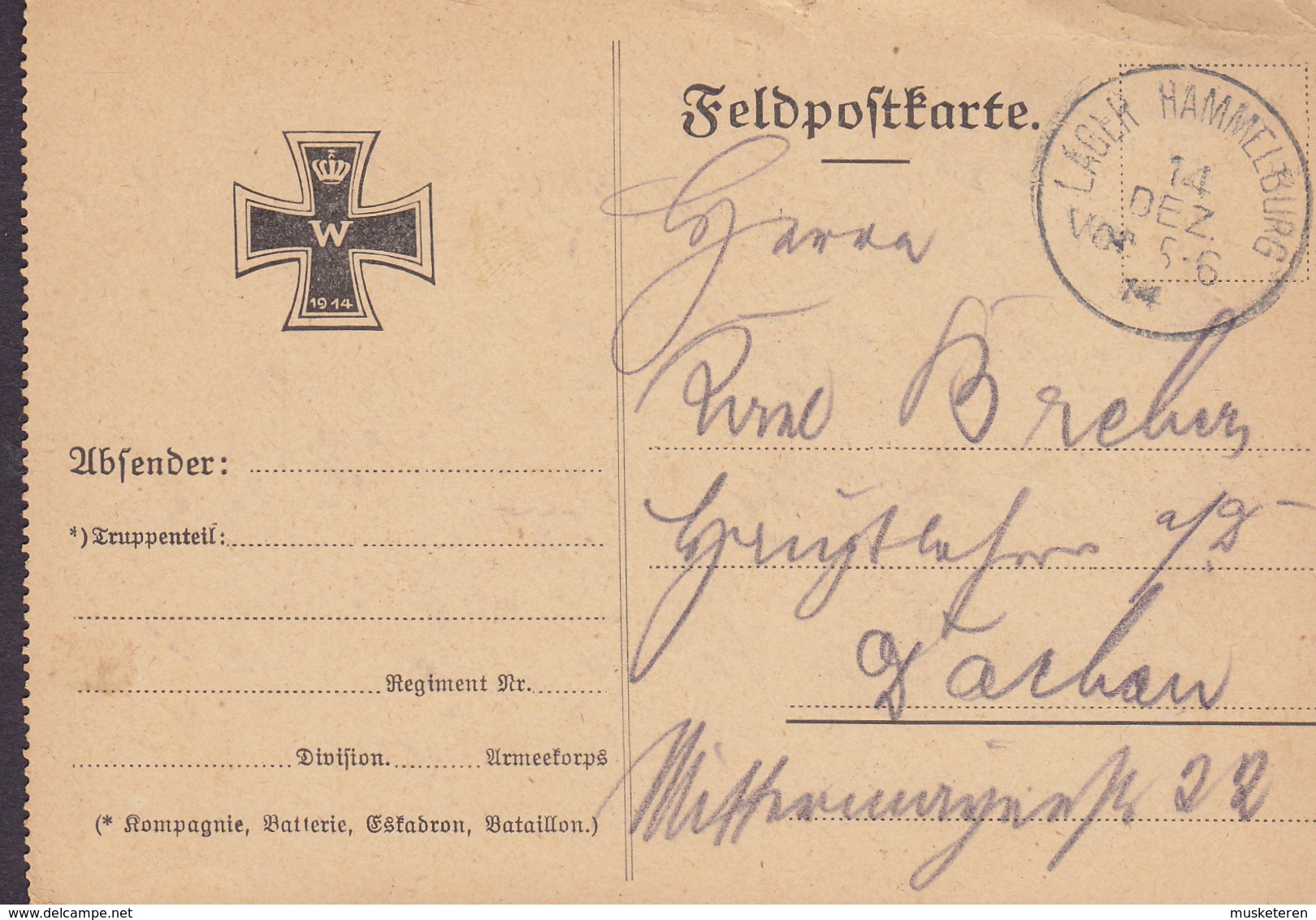 Deutsches Reich WWI Feldpostkarte Truppenübungsplatz LAGER HAMMELBURG 14.12.1914 DACHAU (2 Scans) - Briefe U. Dokumente