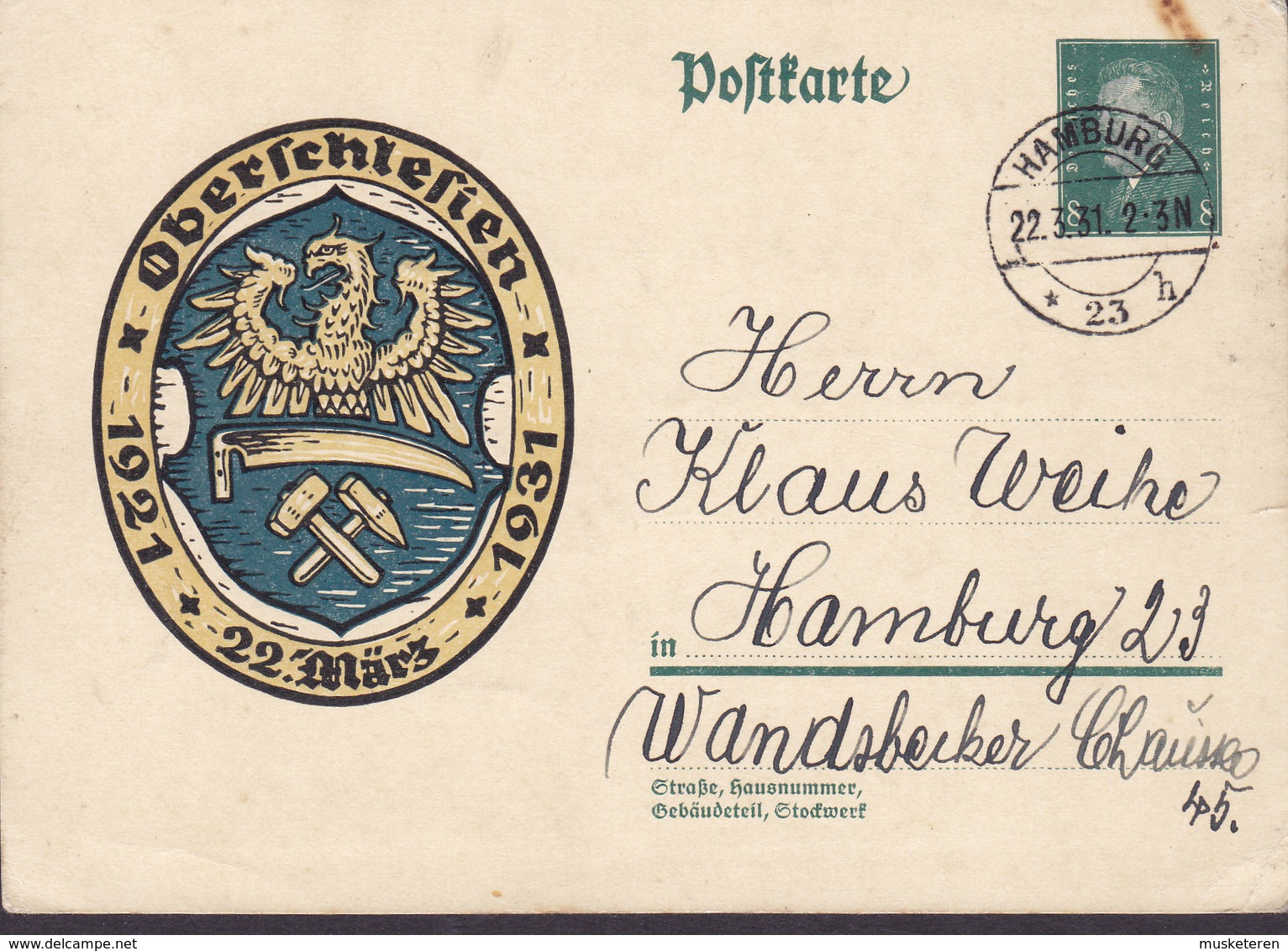 Deutsches Reich Postal Stationery Ganzsache Entier 'Oberschlesien' Ersttag Stempel First Day Cancel HAMBURG 1931 - Postkarten