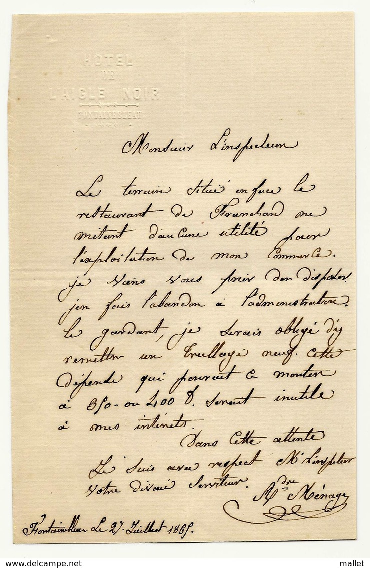 Courrier à En-tête Hotel De L'Aigle Noir Fontainebleau à Propos De L'abandon D'un Terrain Près Resto Franchard - Historical Documents