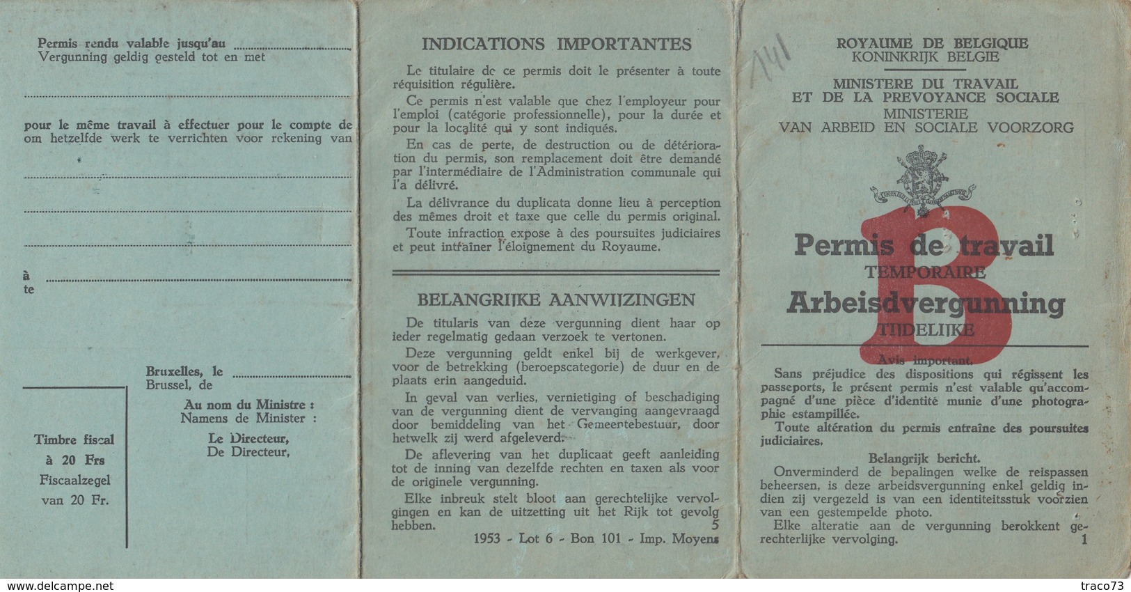 PERMESSO DI LAVORO /  PERMIS DE TRAVAIL - Documento  -  BELGIO _  Visti E Marche Da Bollo - Fiscal - Historical Documents