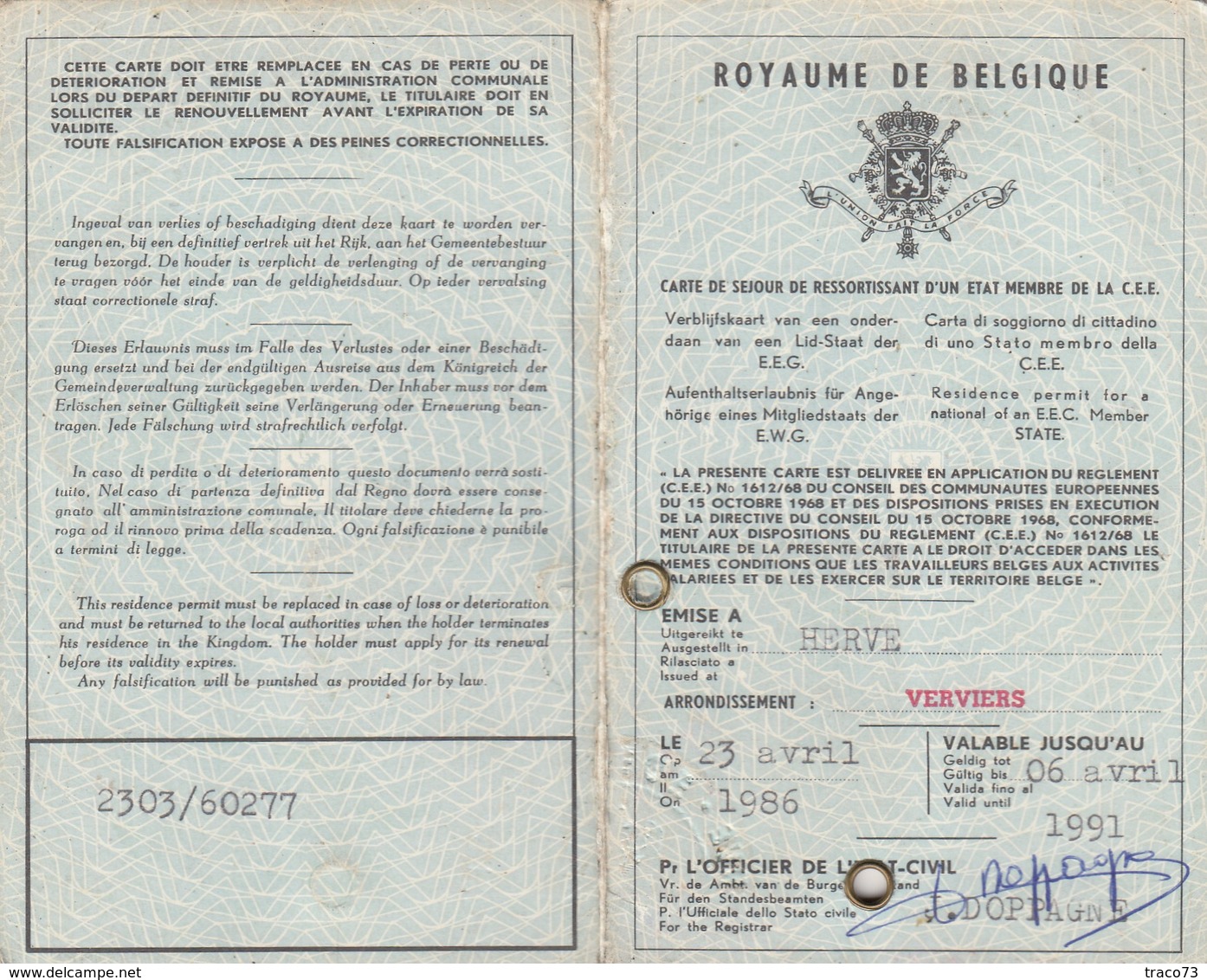 DOCUMENTO D'IDENTITA'  /  CARTE DE SEJOUR  - Documento  -  BELGIO _  Visti E Marche Da Bollo - Fiscal - Historical Documents