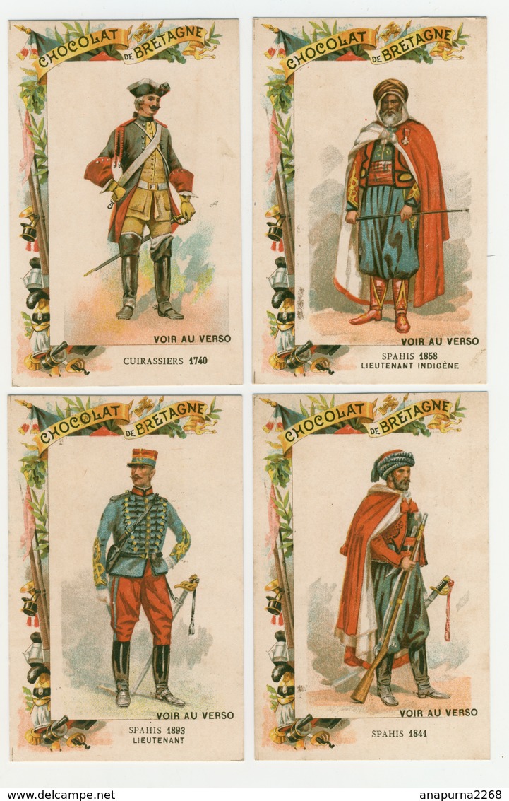 4 CHROMOS..CHOCOLAT DE BRETAGNE...LITH.H. LAAS....COSTUMES MILITAIRES....CUIRASSIERS...SPAHIS...LIEUTENANTS - Autres & Non Classés