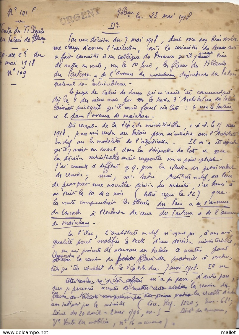 Courrier (2 Pages) Relatif à La Vente De Tilleuls Du Palais De Fontainebleau - 1918 - Documents Historiques