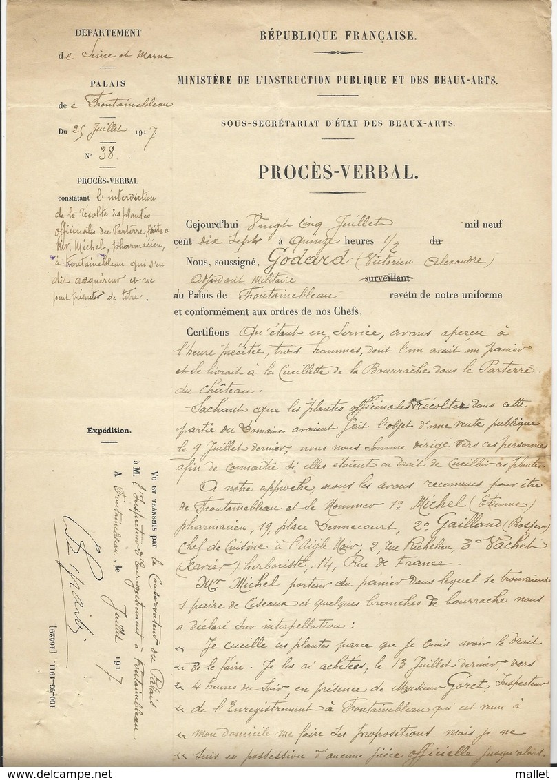 Procès Verbal  Du Palais De Fontainebleau - 1917 - Interdiction De Récolter Les Plantes Officinales - Historical Documents