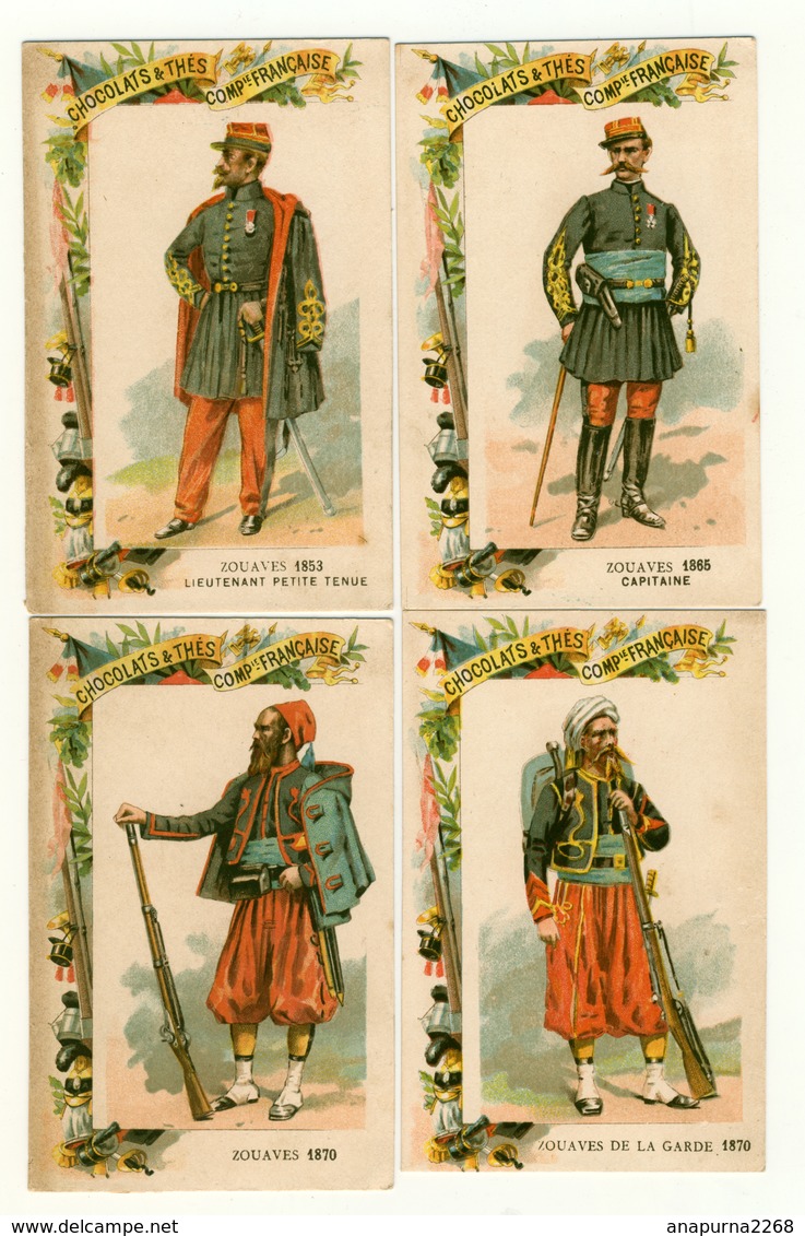 4 CHROMOS..CHOCOLAT COMPAGNIE FRANCAISE...LITH.H. LAAS....UNIFORME MILITAIRES....ZOUAVES...1853/1865/1870/1870 - Autres & Non Classés