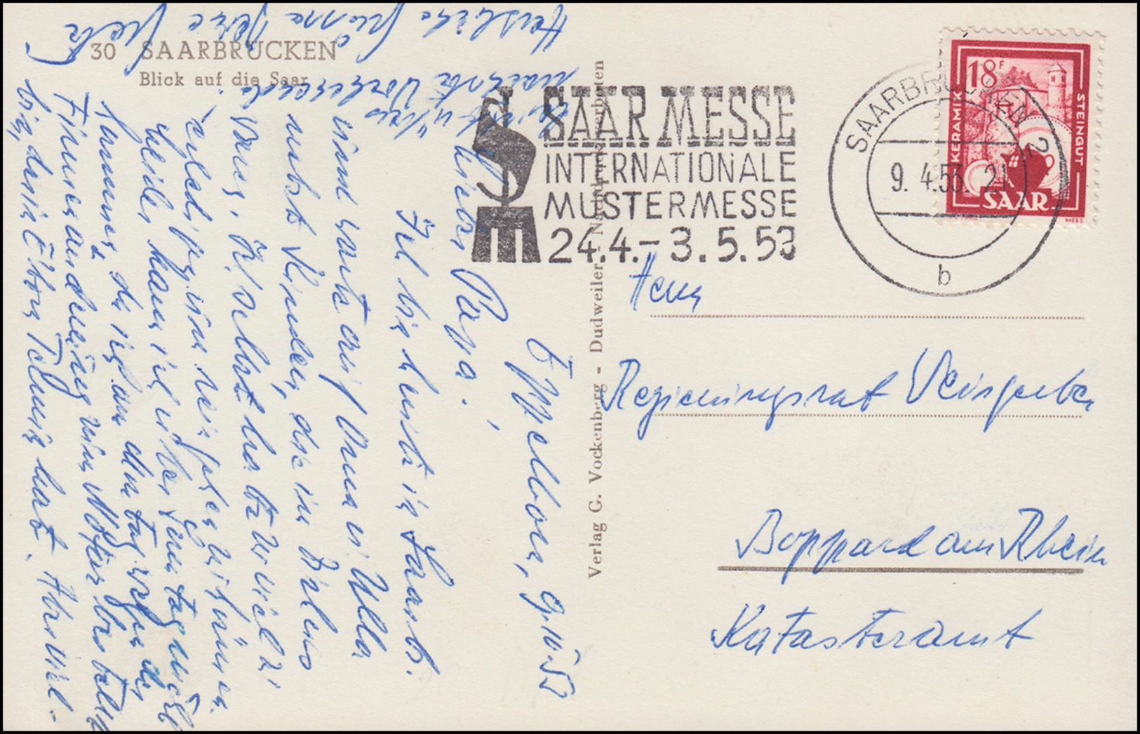 282 Freimarke 18 Fr Als EF Auf AK Blick Auf Die Saar, SAARBRÜCKEN 9.4.1953 - Altri & Non Classificati
