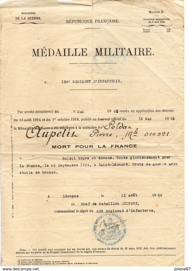 MINISTRE DE LA GUERRE     MEDAILLE MILITAIRE  138ème REGIMENT INFANTERIE  1922    A PIERRE AUPETIT - Unclassified