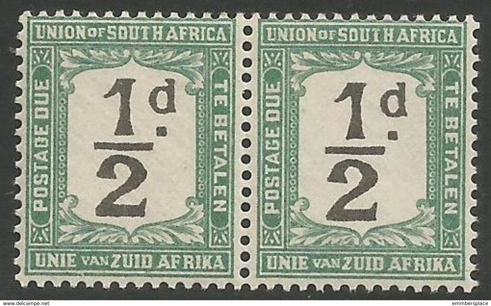 South Africa - 1922 Postage Due 1/2d Pair (POSTADE Error L/H Stamp) MNH **   SG D11v  Sc J11v - Postage Due