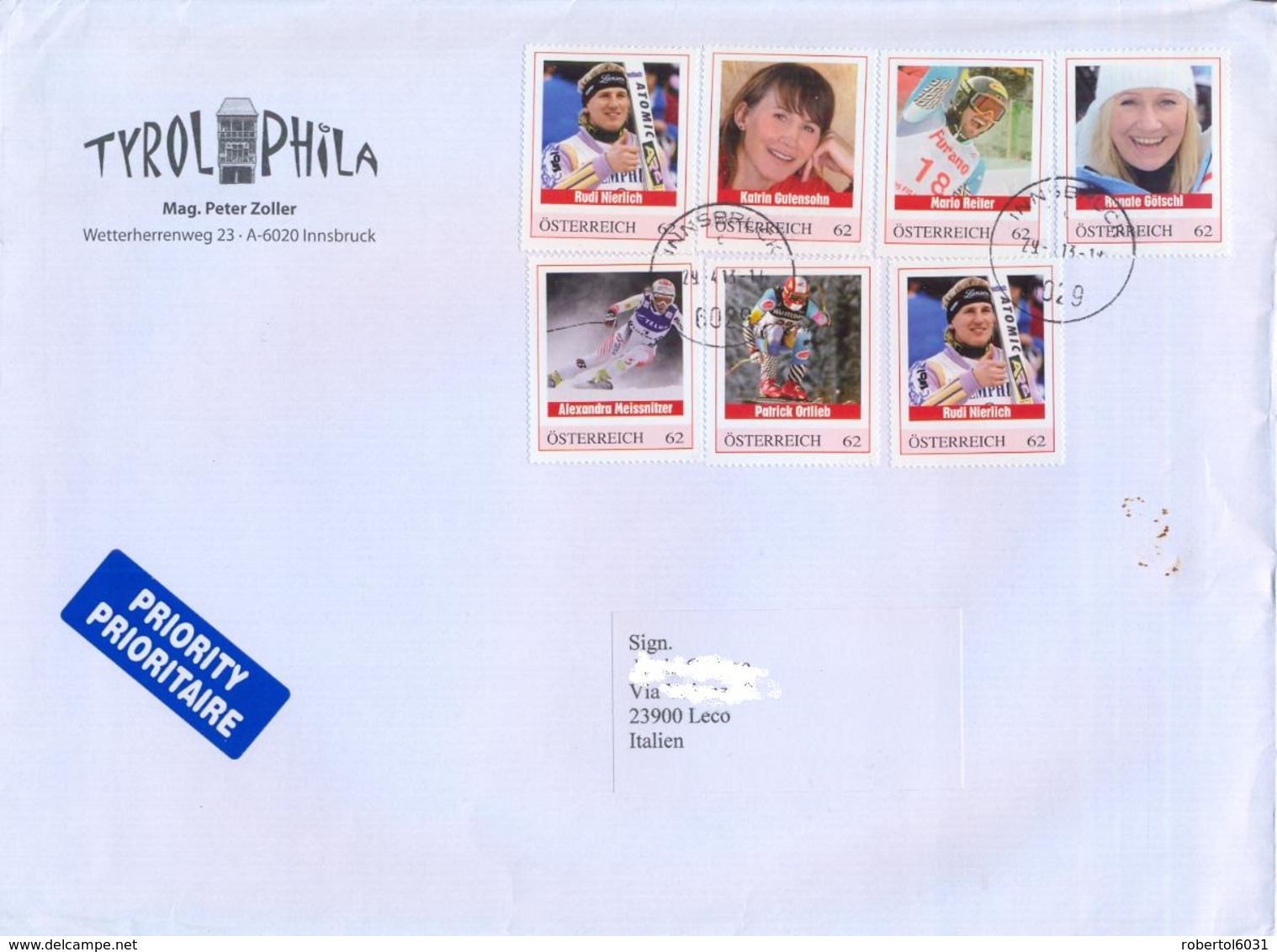 Austria 2013 Cover To Italy With 7 X 62 C. Personalized Stamps Skiing Champions - Sci