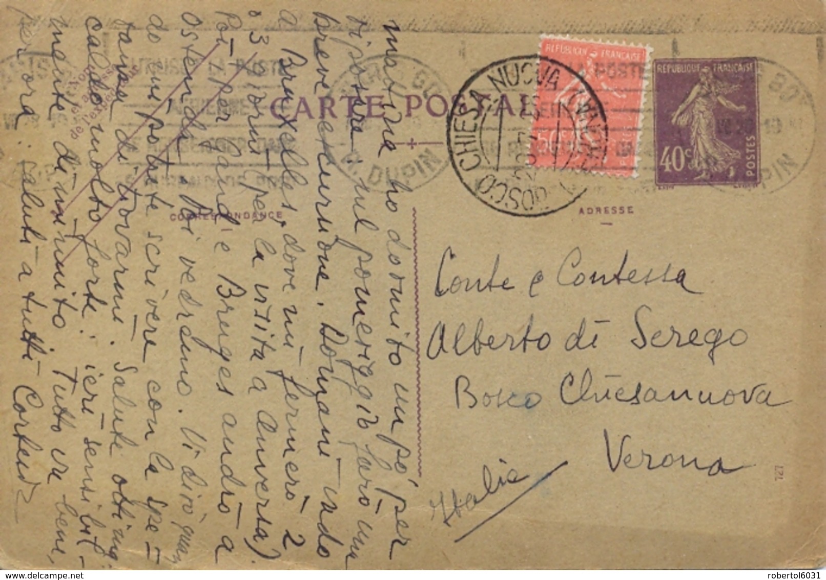 France 1928 Postal Stationery Postcard 40 C. + Stamp 50 C. Semeuse Posted To Italy - Storia Postale