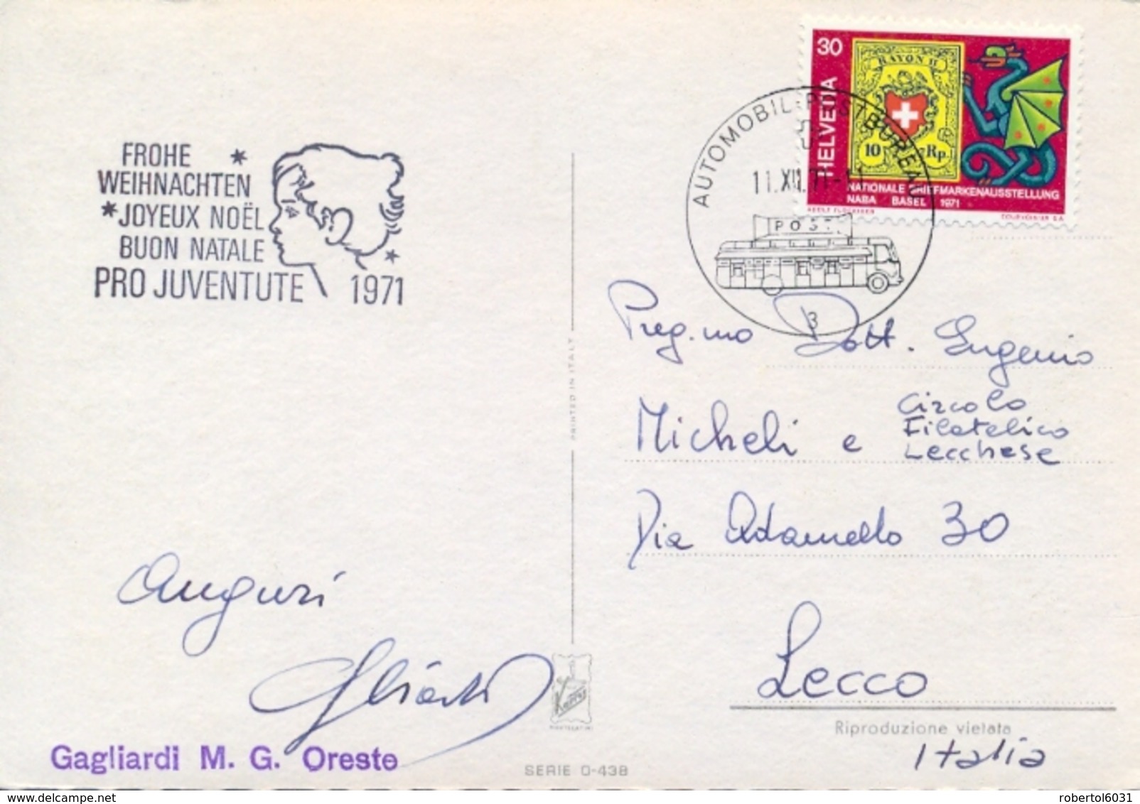 Switzerland 1971 Picture Postcard To Italy With 30 C. NABA Basel Cancel Automobil Postbureau - Timbres Sur Timbres