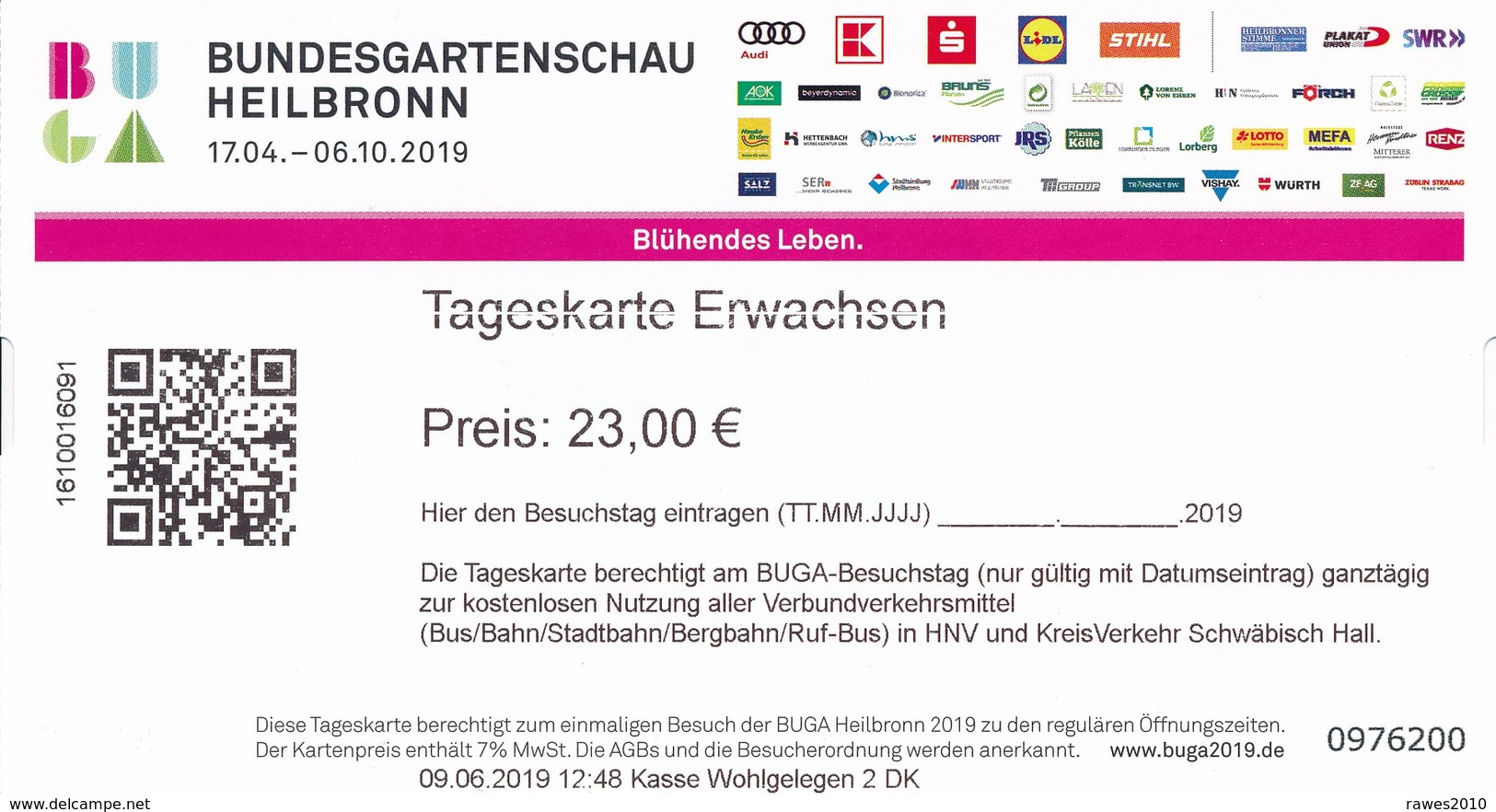 BRD Heilbronn Bundesgartenschau 2019 Eintrittskarte Tageskarte Erwachsen - Tickets D'entrée