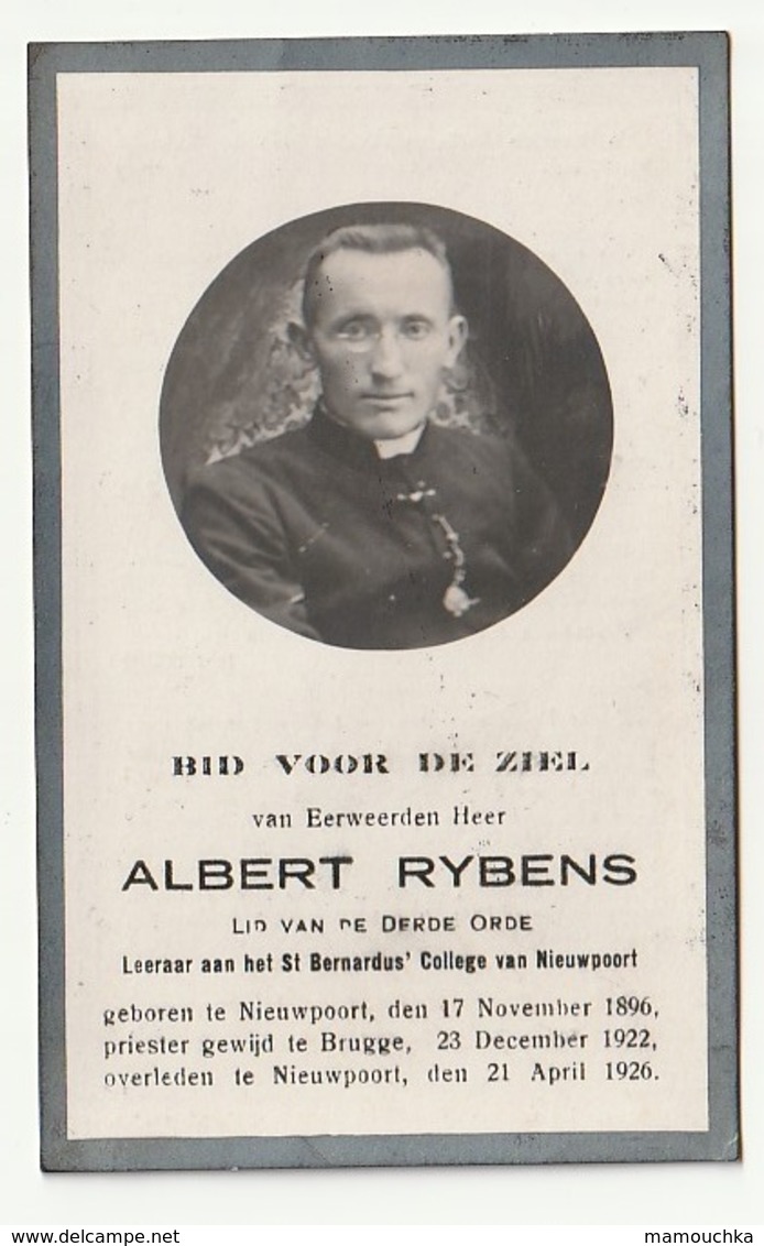 Doodsprentje Albert RYBENS Nieuwpoort 1896 Leraar Priester Nieuwpoort 1926 - Images Religieuses