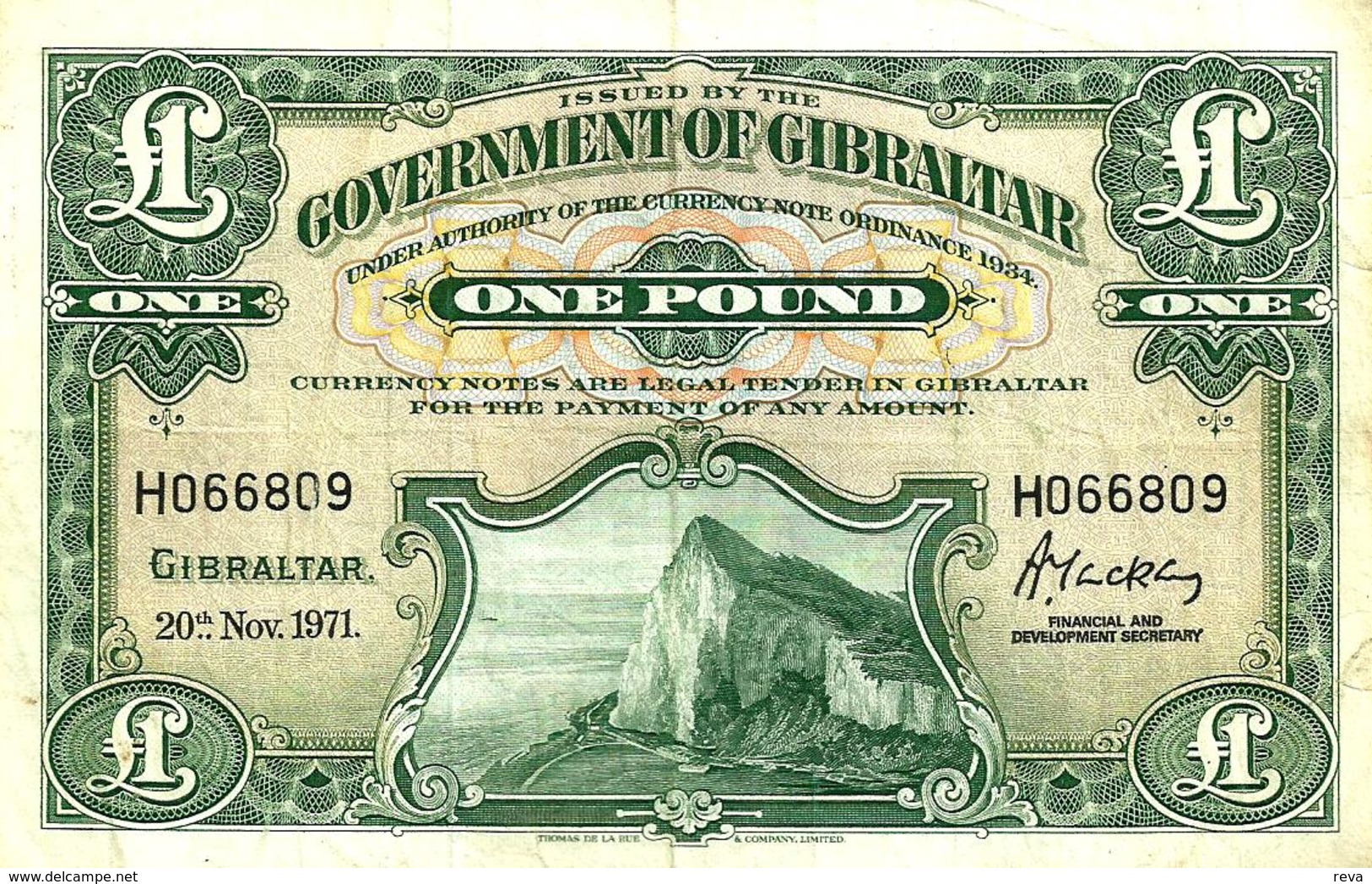GIBRALTAR 1 POUND GREEN QEII ROCK FRONT EMBLEM BACK DATED 20-11-1971 P.18b  VF  READ DESCRIPTION ! - Gibraltar