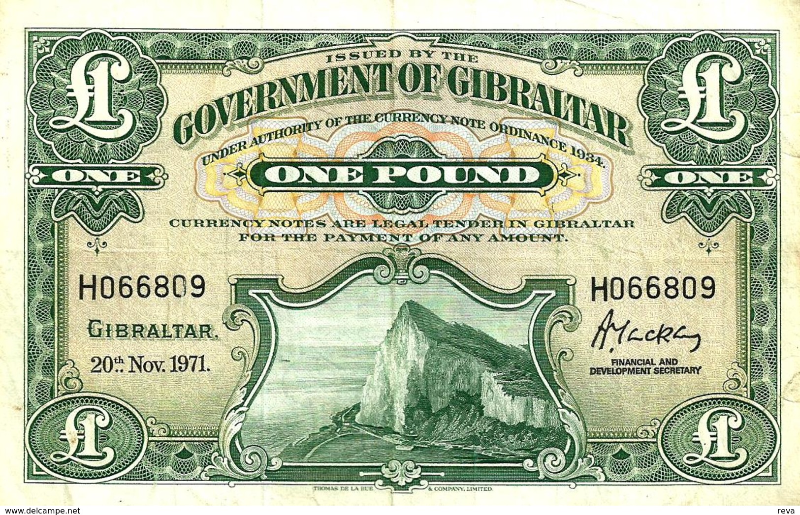 GIBRALTAR 1 POUND GREEN QEII ROCK FRONT EMBLEM BACK DATED 20-11-1971 P.18b  VF  READ DESCRIPTION ! - Gibilterra