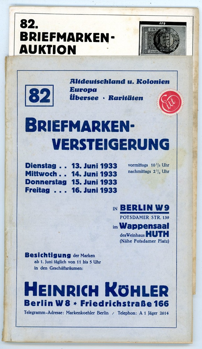 82. Köhler Briefmarken Auktion 1933 - Sehr Seltener Auktionskatalog Mit Den Bildtafeln - Catalogues For Auction Houses