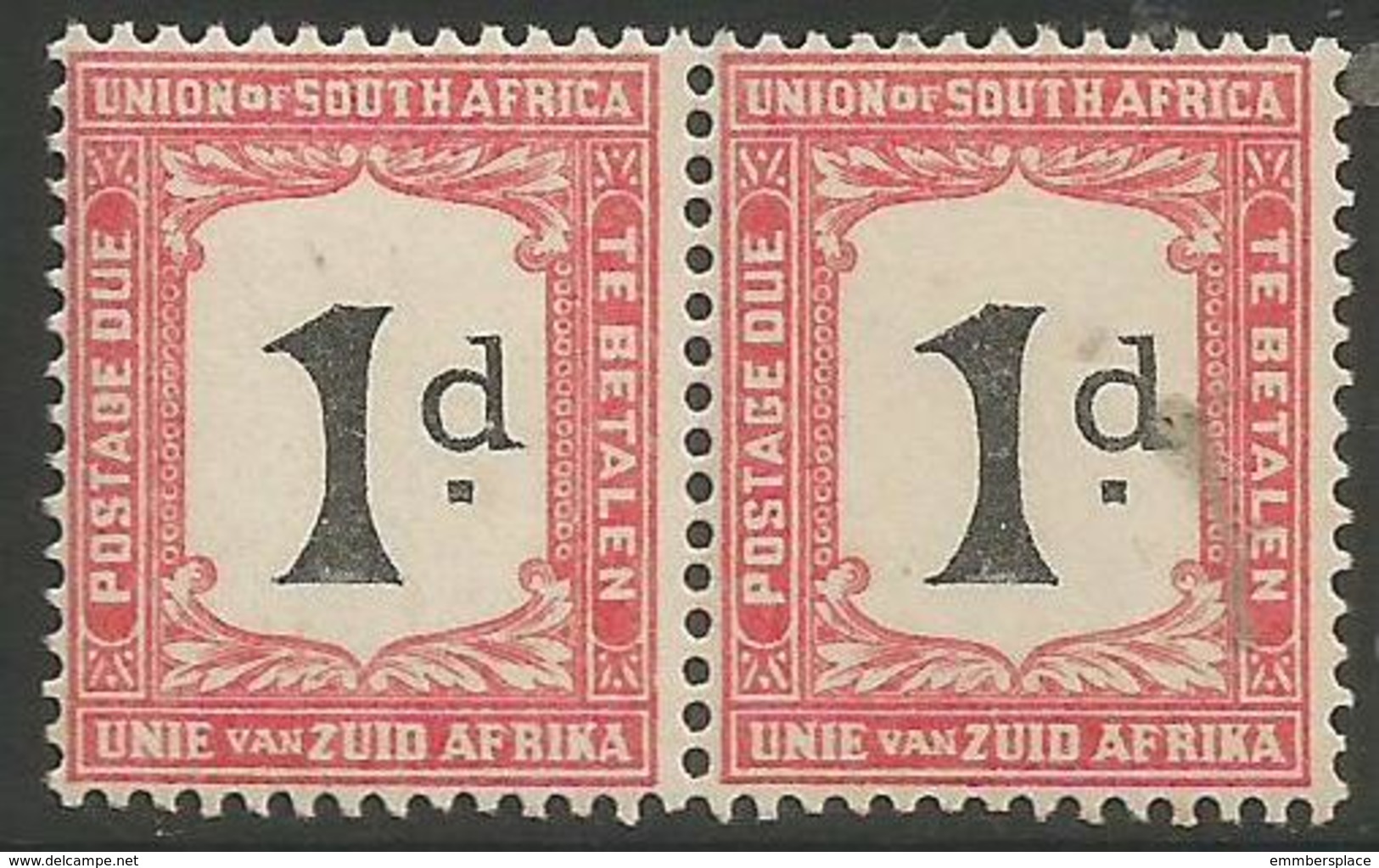 South Africa - 1923 Postage Due Pair 1d (POSTADE Error L/H Stamp) MNH **   SG D12v  Sc J12v - Postage Due