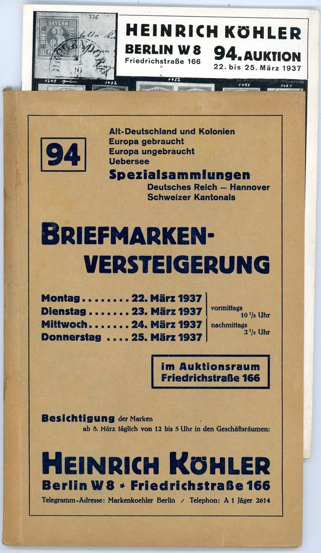 94. Köhler Briefmarken Auktion 1937 - Sehr Seltener Auktionskatalog Mit Den Bildtafeln - Catalogues For Auction Houses