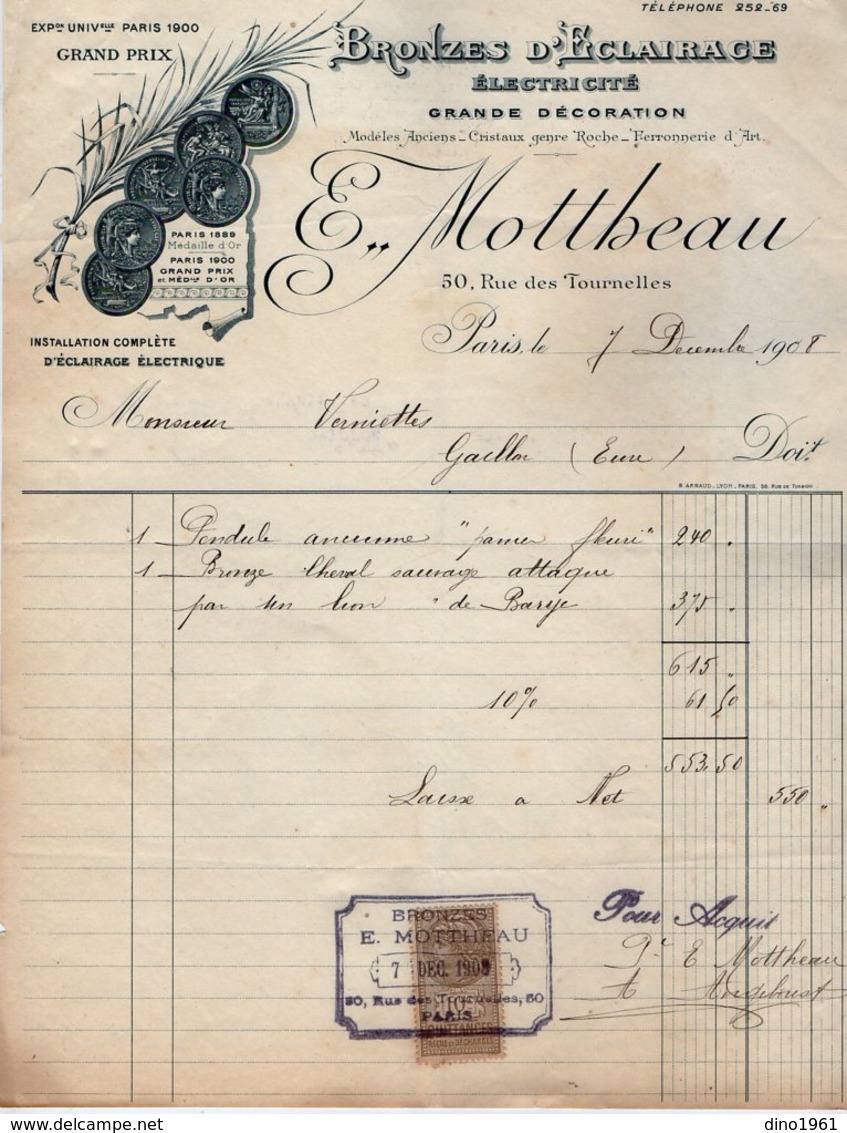 VP15.166 - Lettre - Bronzes D'Eclairage - Electricité E. MOTTHEAU à PARIS Rue Des Tournelles - Elektrizität & Gas