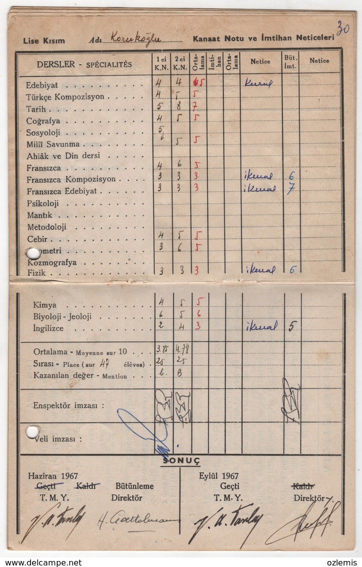 SAINT-JOSEPH ISTANBUL/KADIKOY HIGH SCHOOL REPORT  1966-1967 - Diploma & School Reports