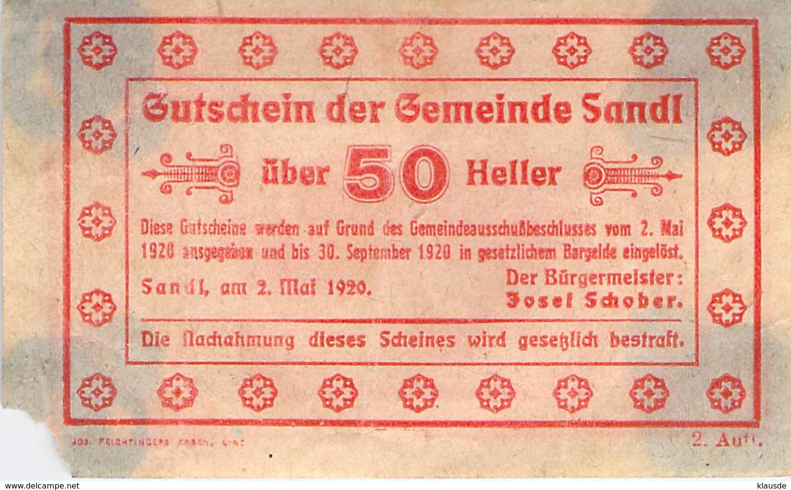 50 Hl. Notgeld Sandl Oberösterreich VG/G (IV) - Austria