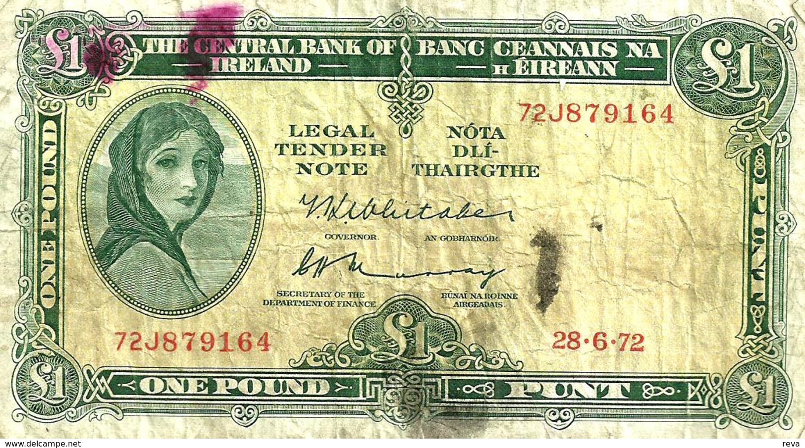 IRELAND 1 POUND GREEN WOMAN FRONT & MOTIF BACK SIGN WHITERTAKER  DATED 28-06-1972 P64b READ DESCRIPTION!! - Irlanda