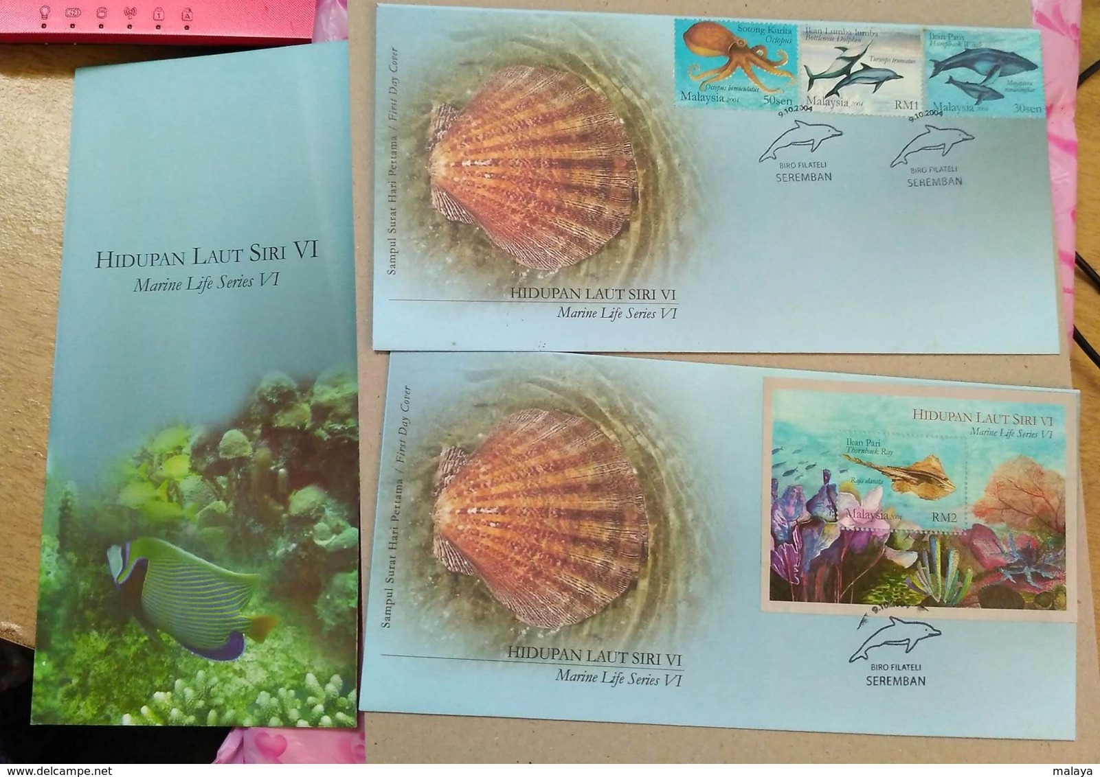 Malaysia 2004 2 Combo FDC Stamps Marine Life Series VI Ocean Underwater Life Octopus Whale Dolphin - Malaysia (1964-...)